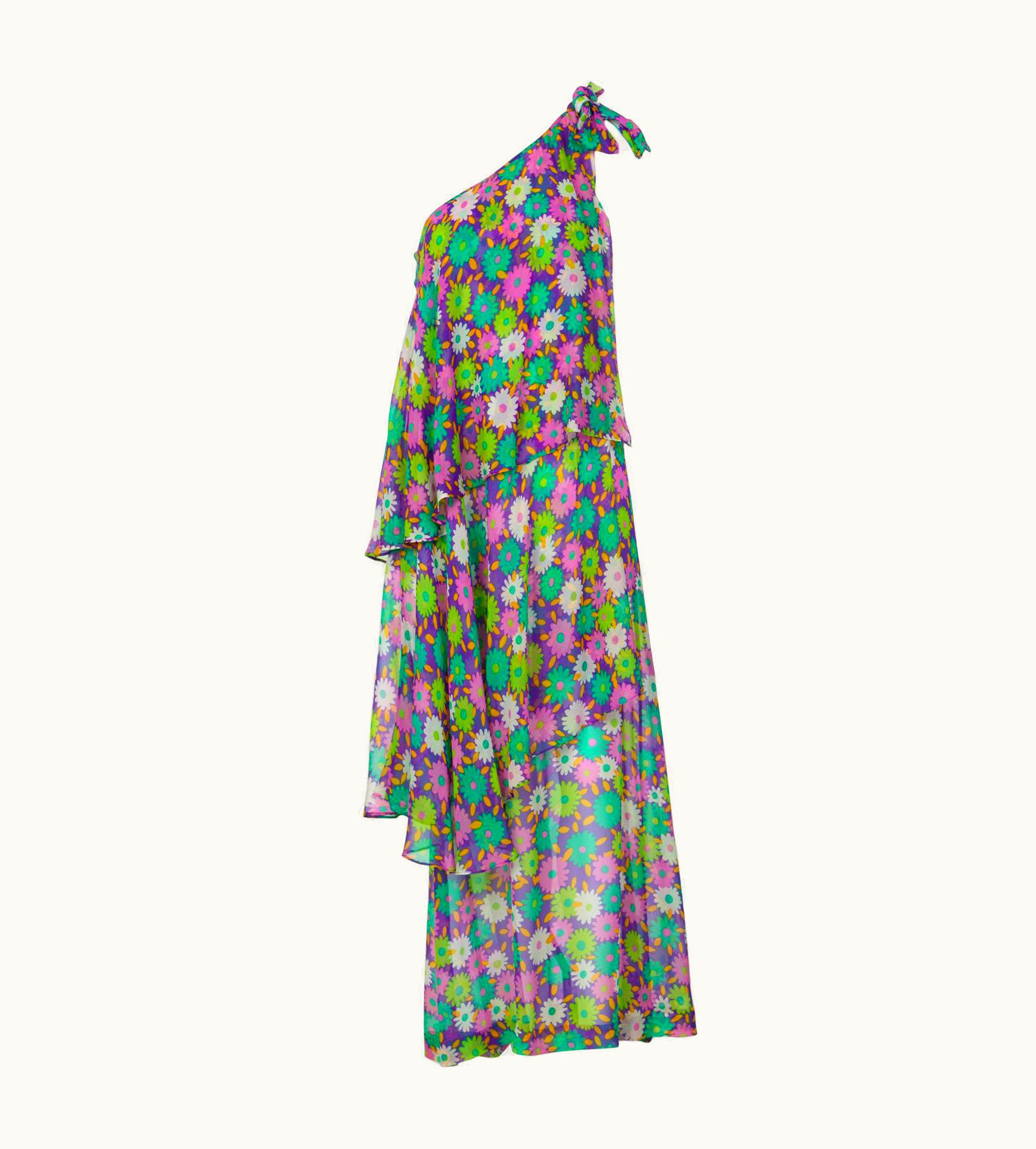 Saint Laurent Yves Saint Laurent Multi-Color Floral One Shoulder Layered Silk Dress YSL, 1970s