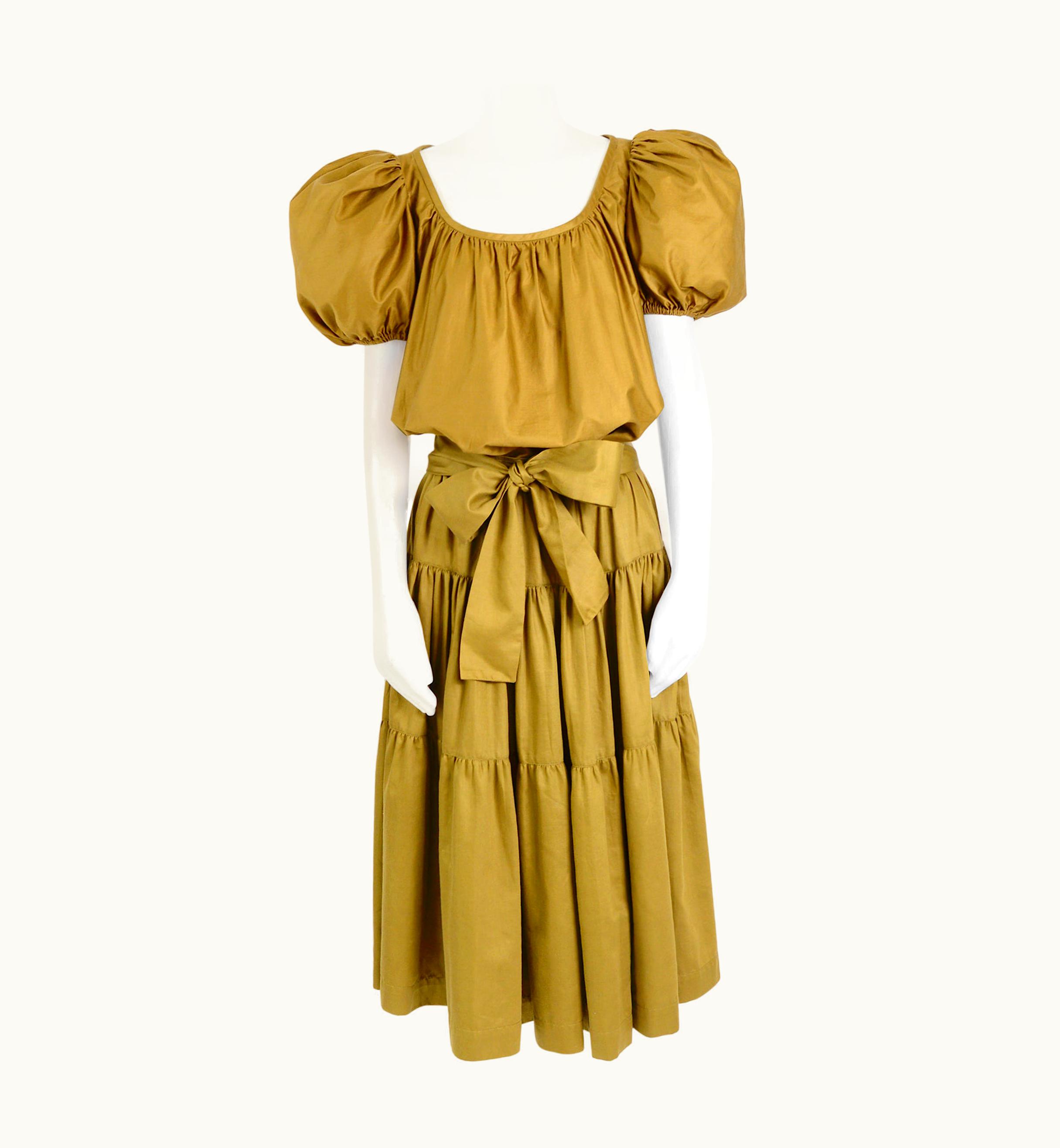 Saint Laurent Yves Saint Laurent Iconic 1970s Vintage Khaki Cotton Peasant Top And Skirt Set