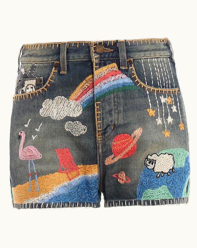 Saint Laurent Saint Laurent S/S Multicolor Embroidered Denim Jean Shorts UZ0583691