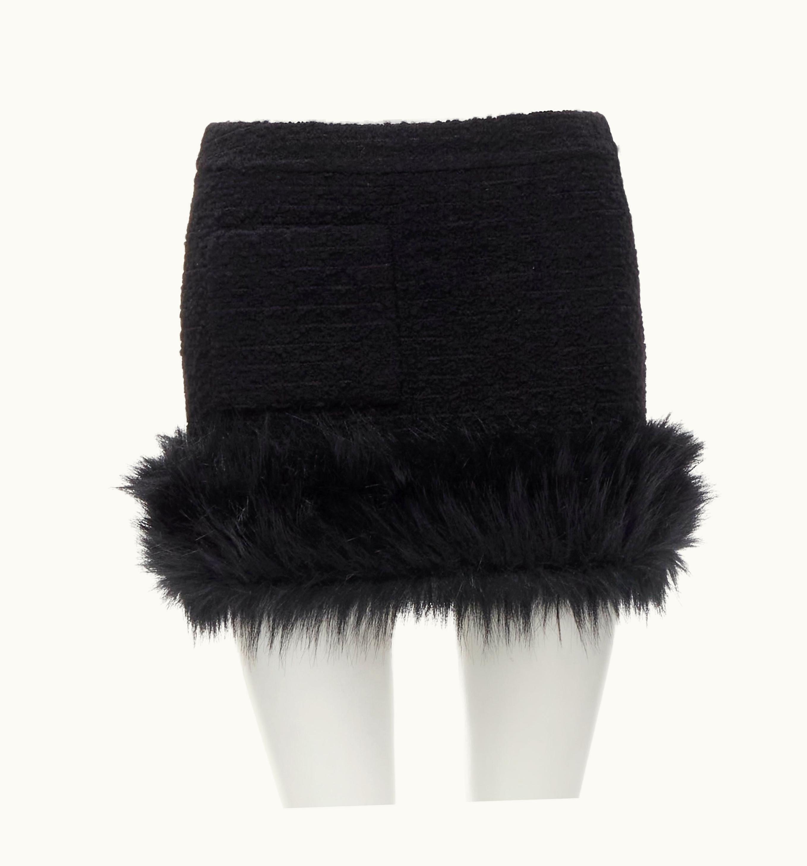 Saint Laurent Saint Laurent 2022 Black Tweed Faux Fur Trimmed Mini Skirt