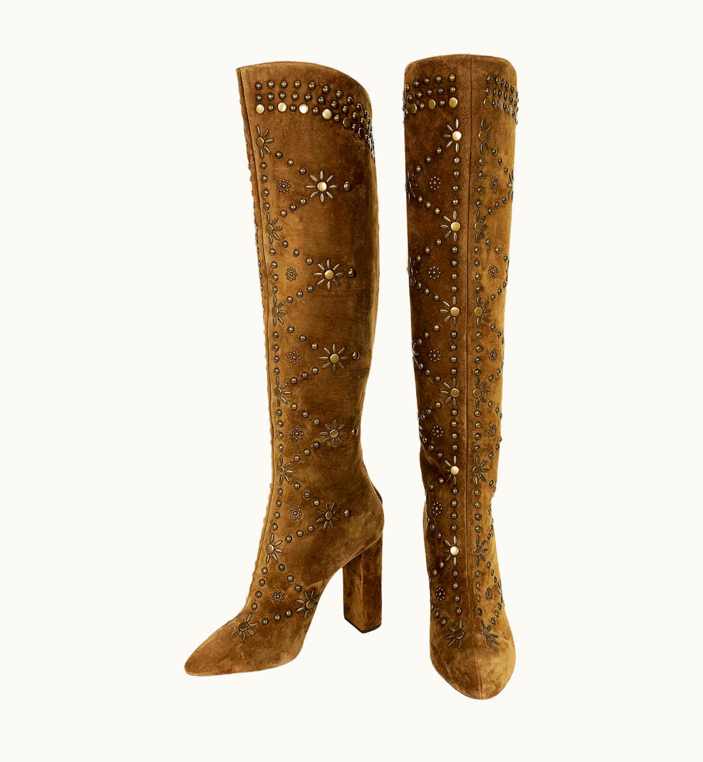 Saint Laurent $2495 Saint Laurent *Ella* Studded Brown Suede Knee Boots It