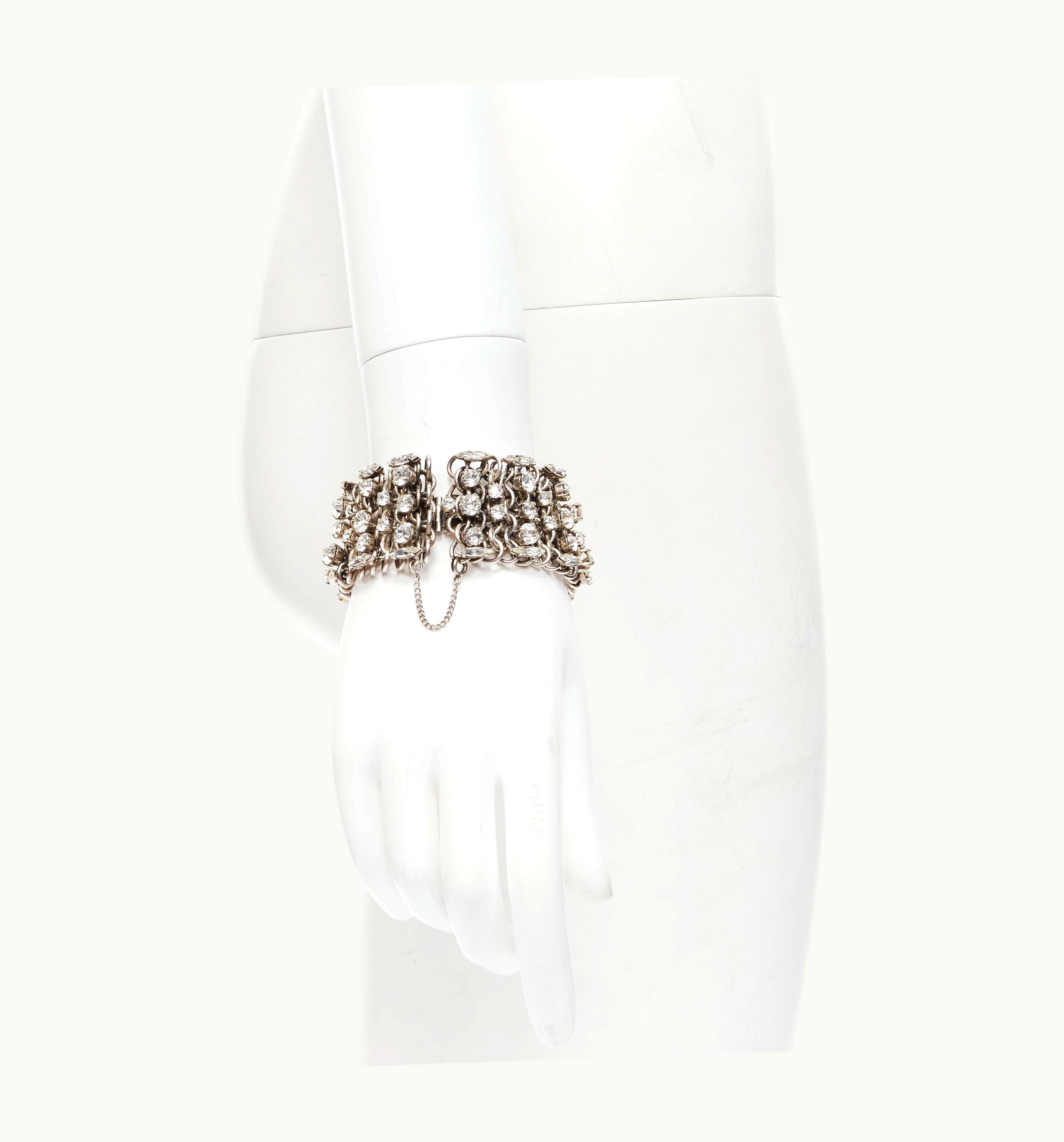 Saint Laurent Rare Saint Laurent Grunge Punk Crystal Embellished Silver Chain Bracelet Cuff