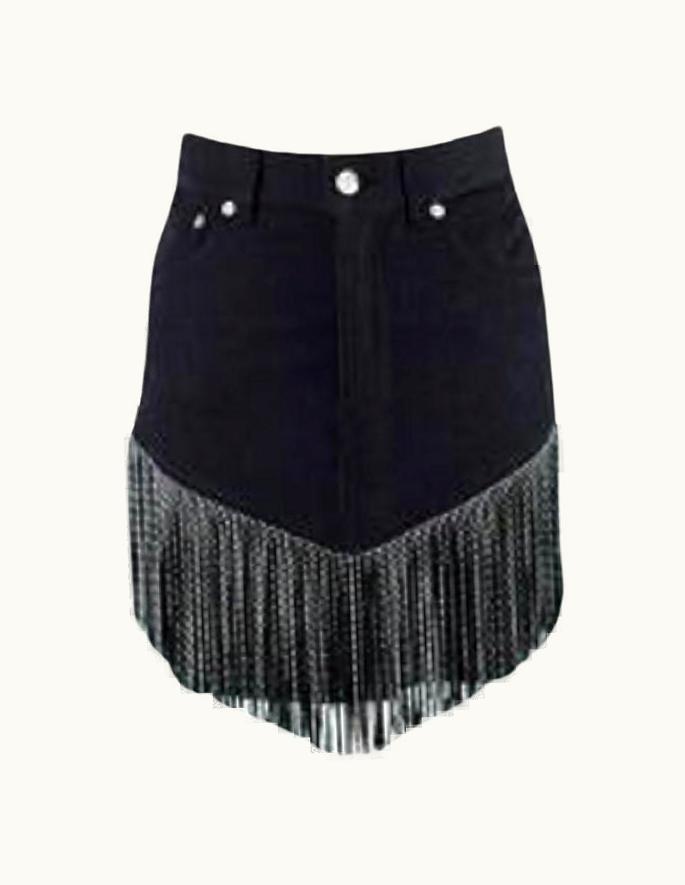 Saint Laurent Saint Laurent Black Denim Skirt With Silver Studded Leather Fringing