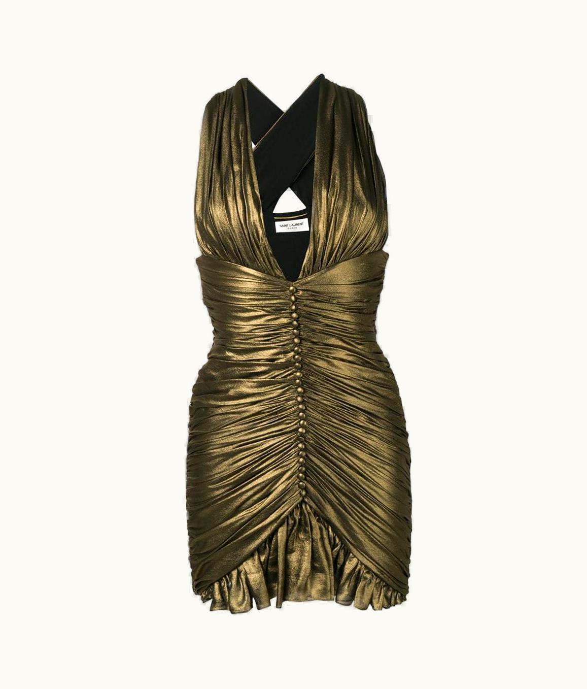 Saint Laurent Saint Laurent S/S Gold Ruched Plunging Fitted Silk Mini Dress