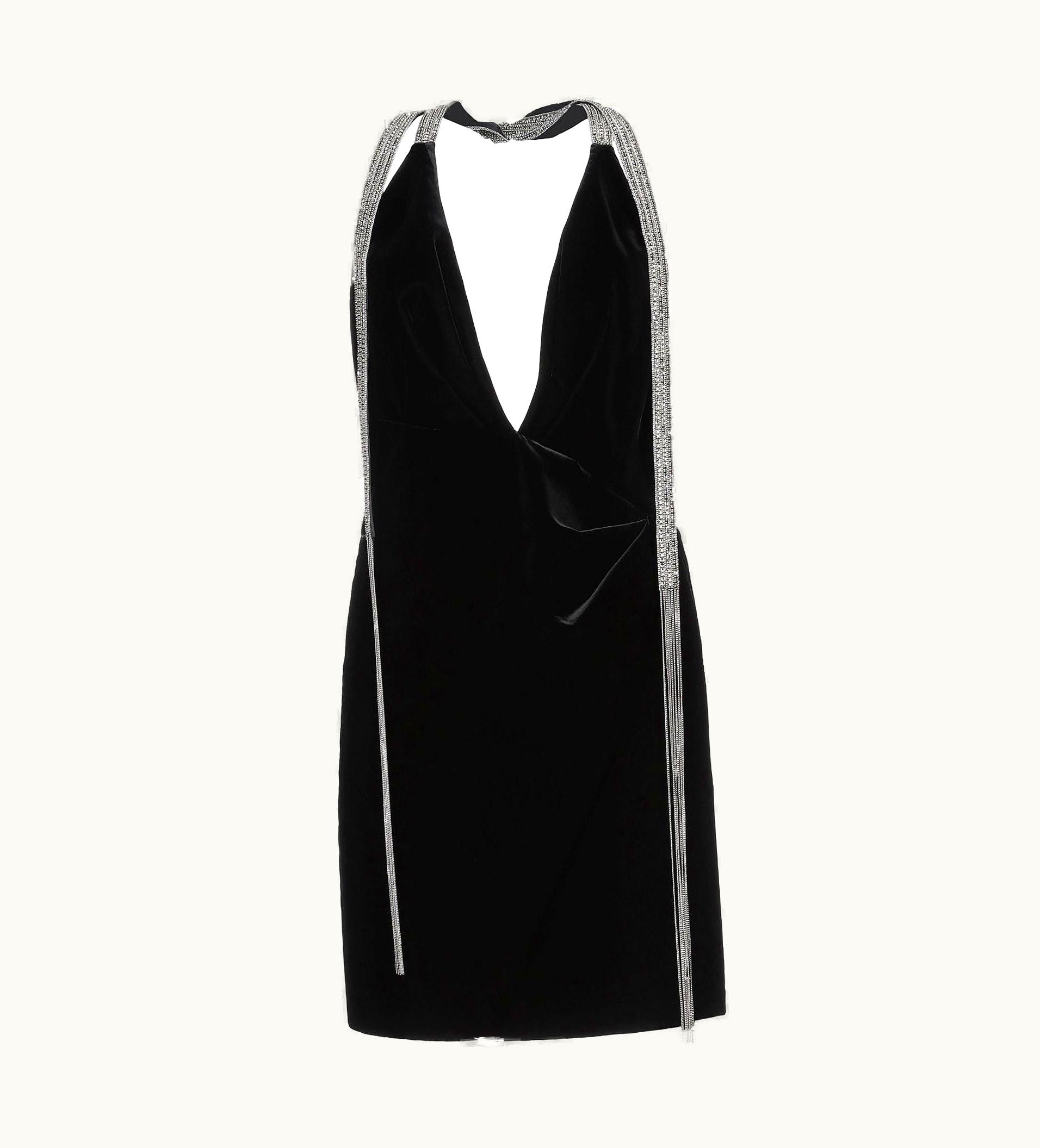 Saint Laurent Saint Laurent Plunging Black Velvet Mini Dress With Crystal Straps UZ0583745