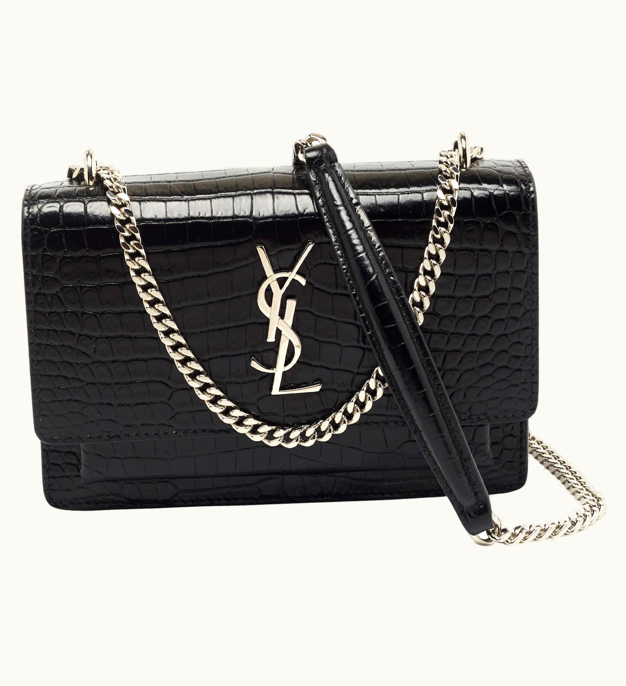 Saint Laurent Saint Laurent Black Croc Embossed Leather Sunset Wallet On Chain