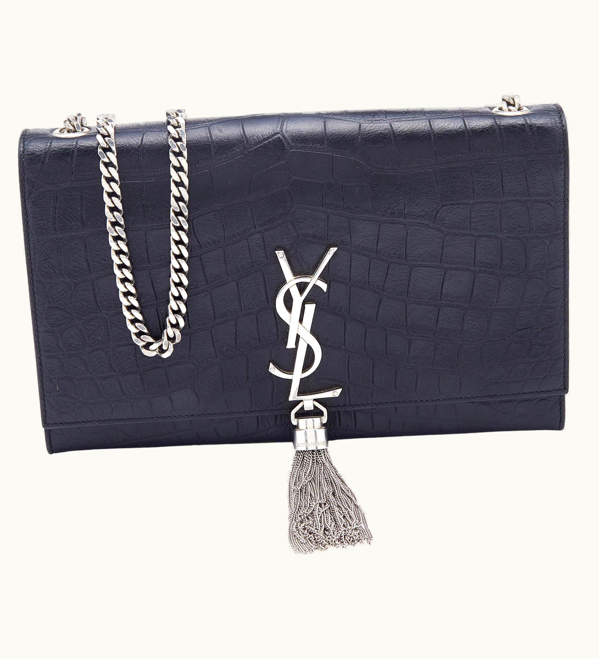 Saint Laurent Saint Laurent Black Croc Embossed Leather Medium Kate Chain Crossbody Bag