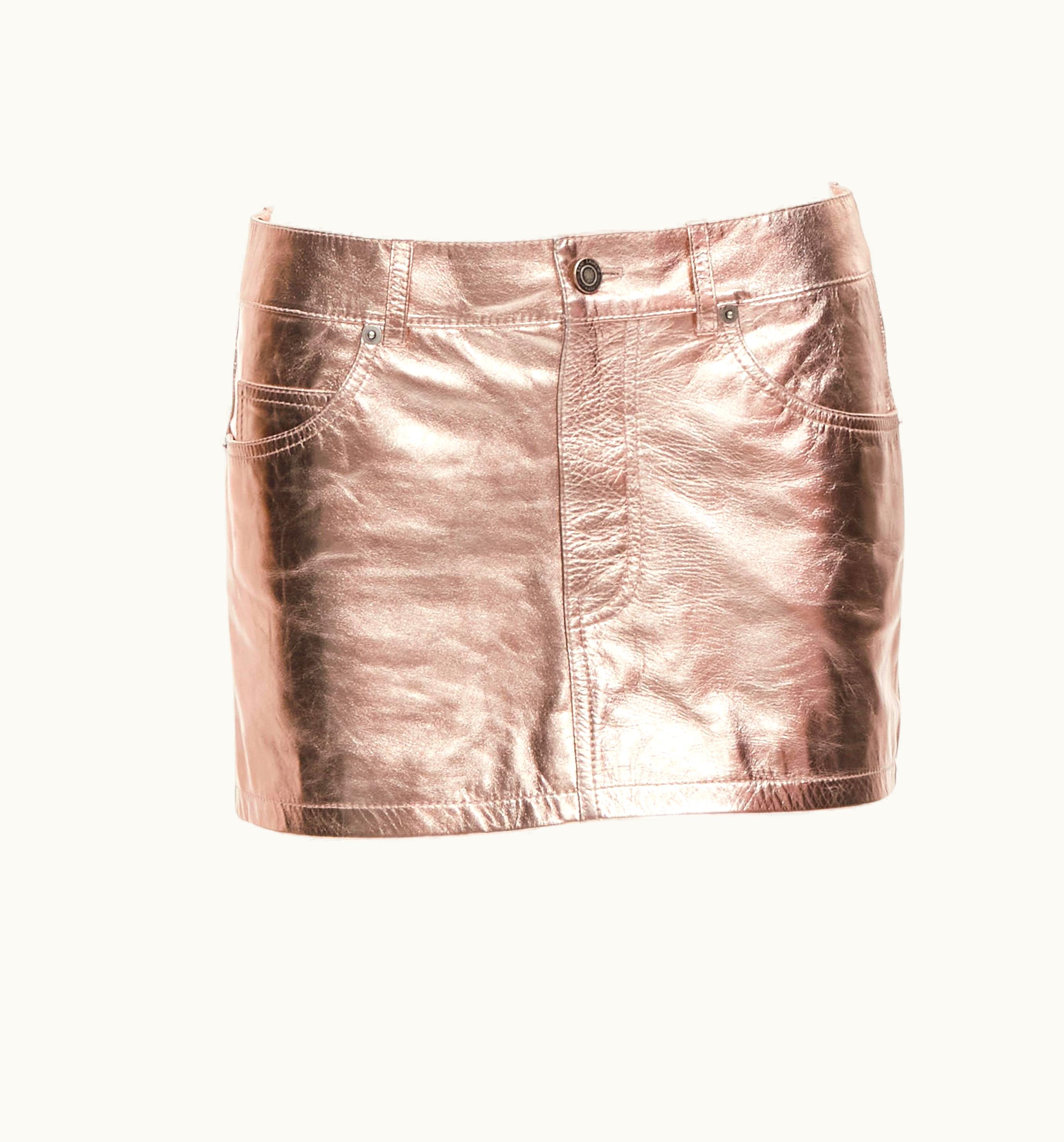 Saint Laurent Saint Laurent 2022 Metallic Copper Genuine Leather Mini Skirt