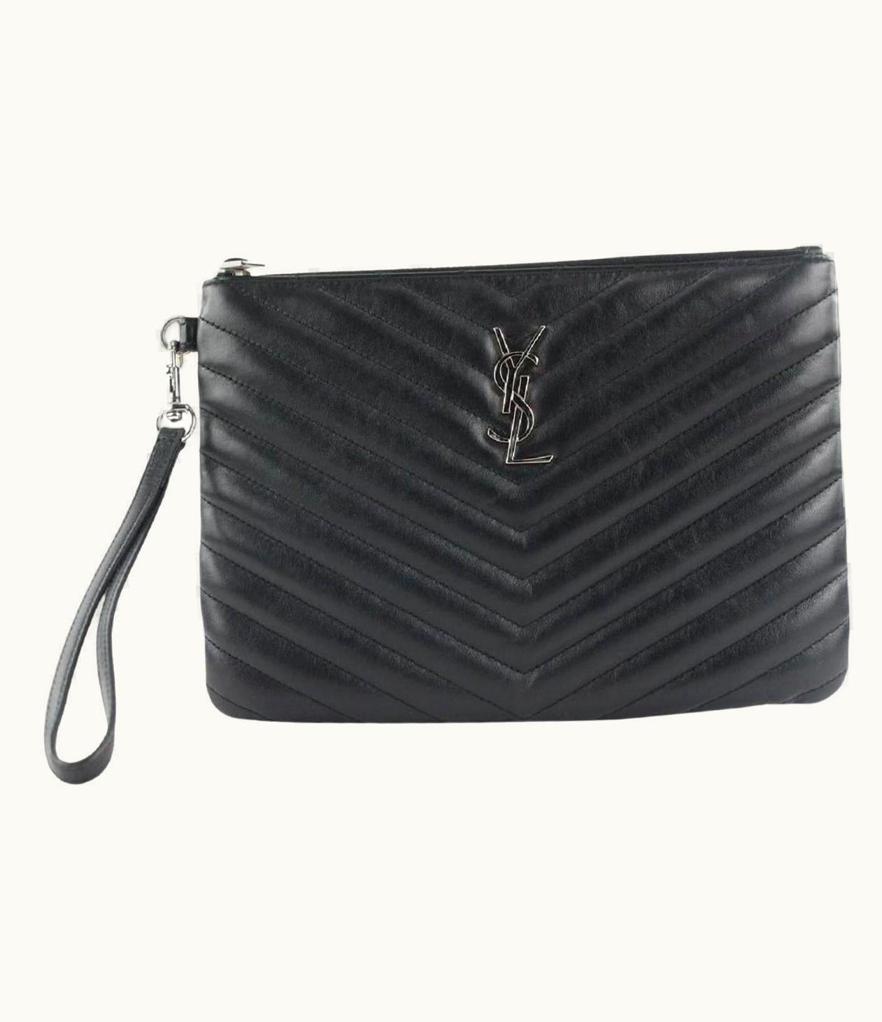 Saint Laurent Saint Laurent YSL Black Calfskin Matelasse Chevron Monogram A5 Wristlet Bag