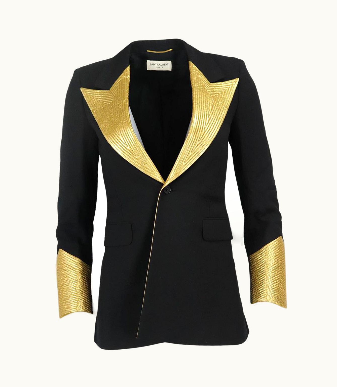 Saint Laurent Saint Laurent Metallic Leather Trimmed Wool Blazer Uk