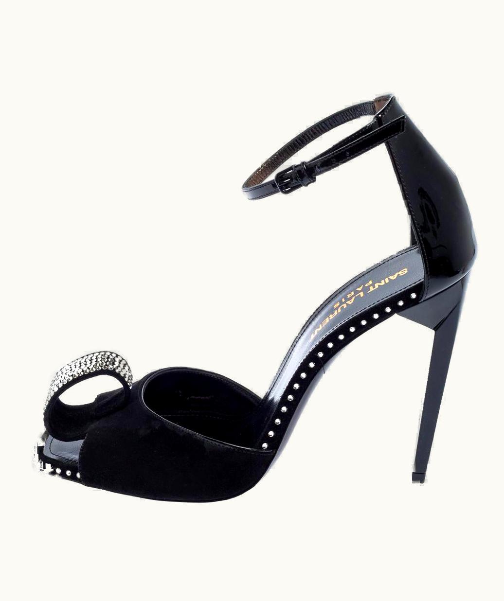 Saint Laurent Saint Laurent Black Suede And Patent Leather Crystal Embellished Sandals