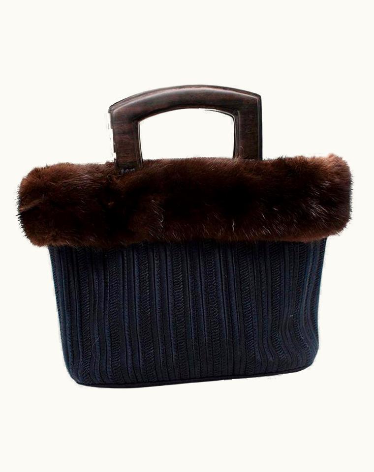 Saint Laurent Yves Saint Laurent Vintage Navy Blue Woven & Mink Fur Top Handle Bag