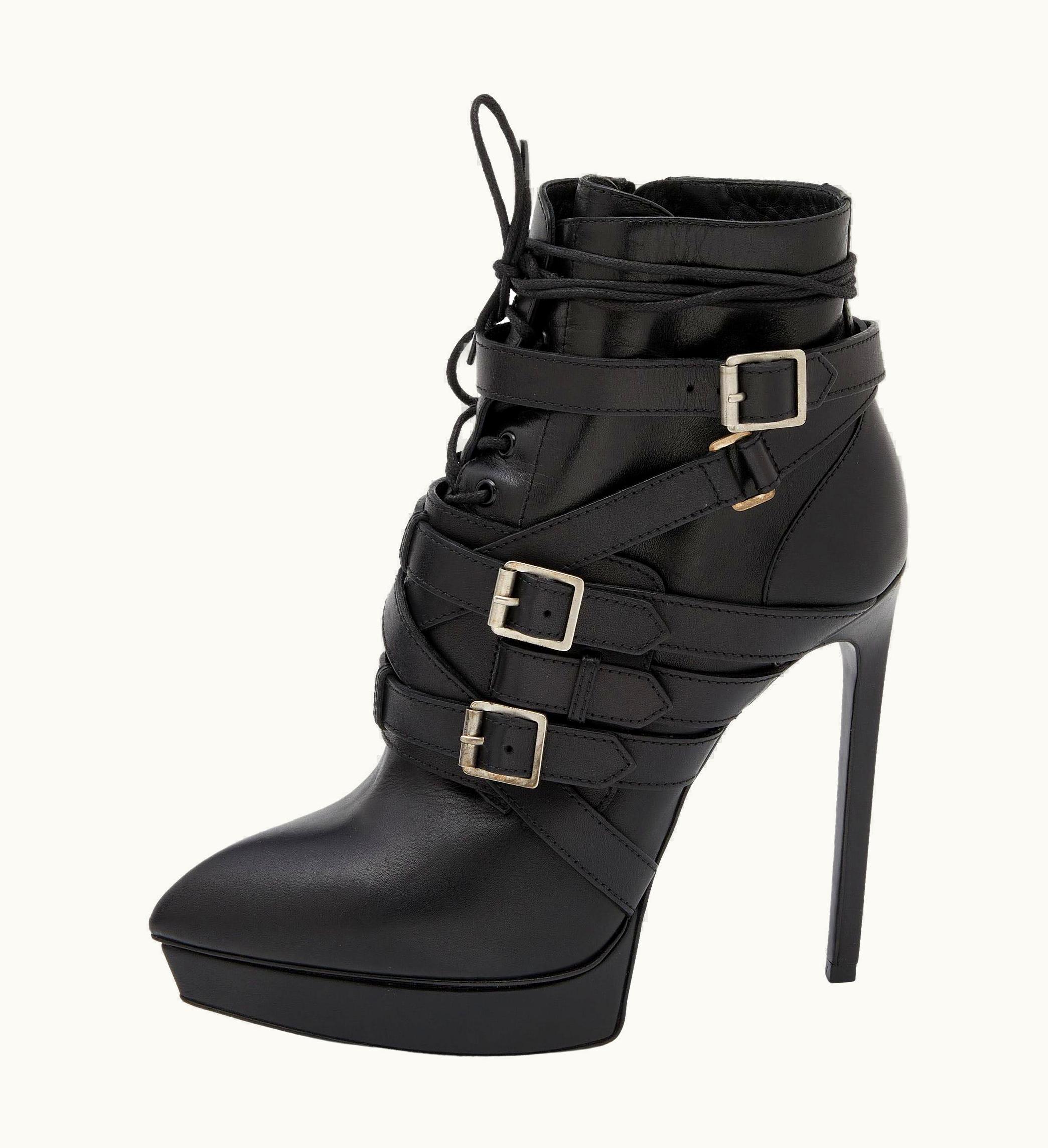 Saint Laurent Saint Laurent Black Leather Janis Platform Ankle Boots