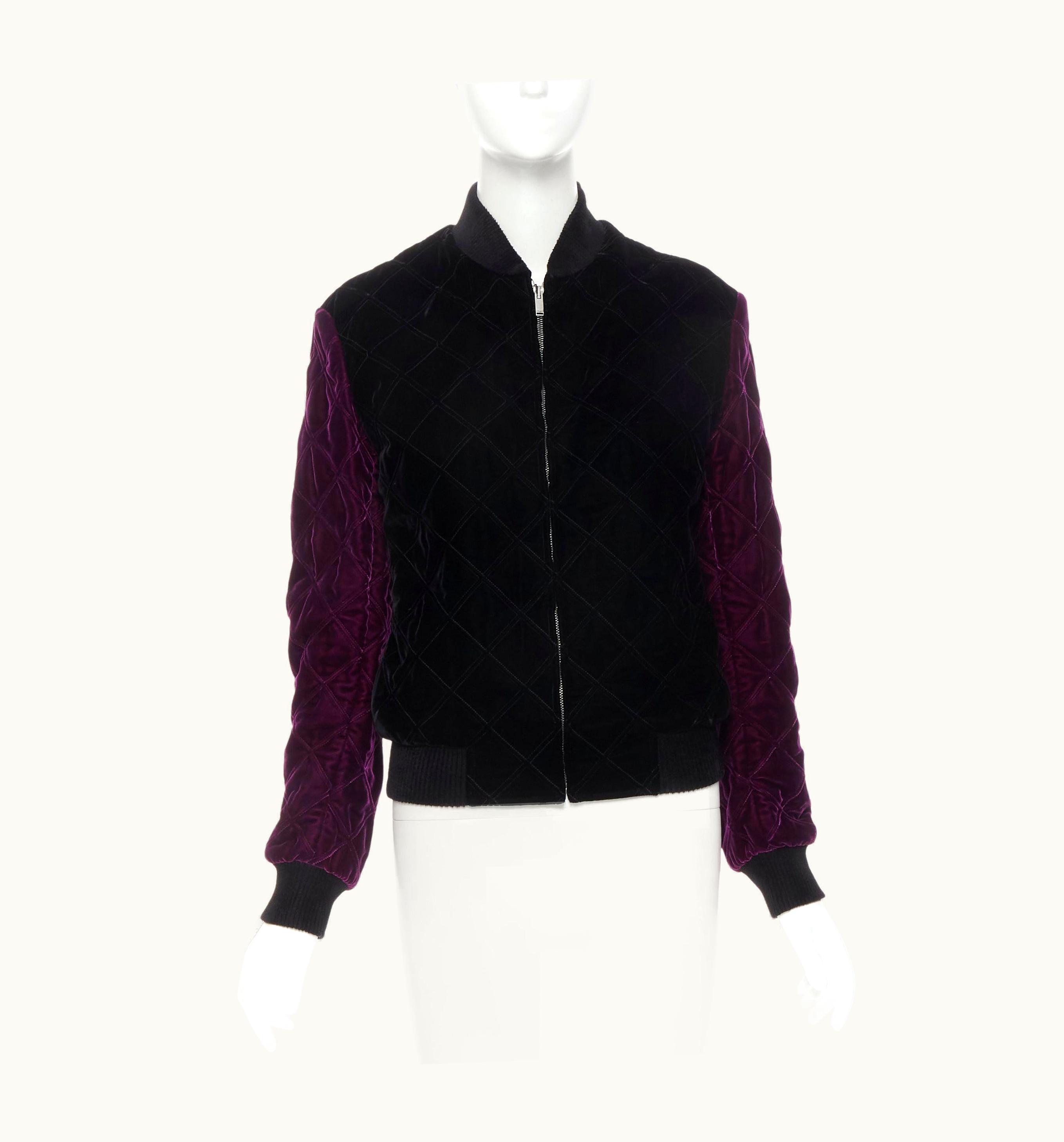 Saint Laurent Saint Laurent 2018 Teddy Black Purple Diamond Quilted Bomber Xxs
