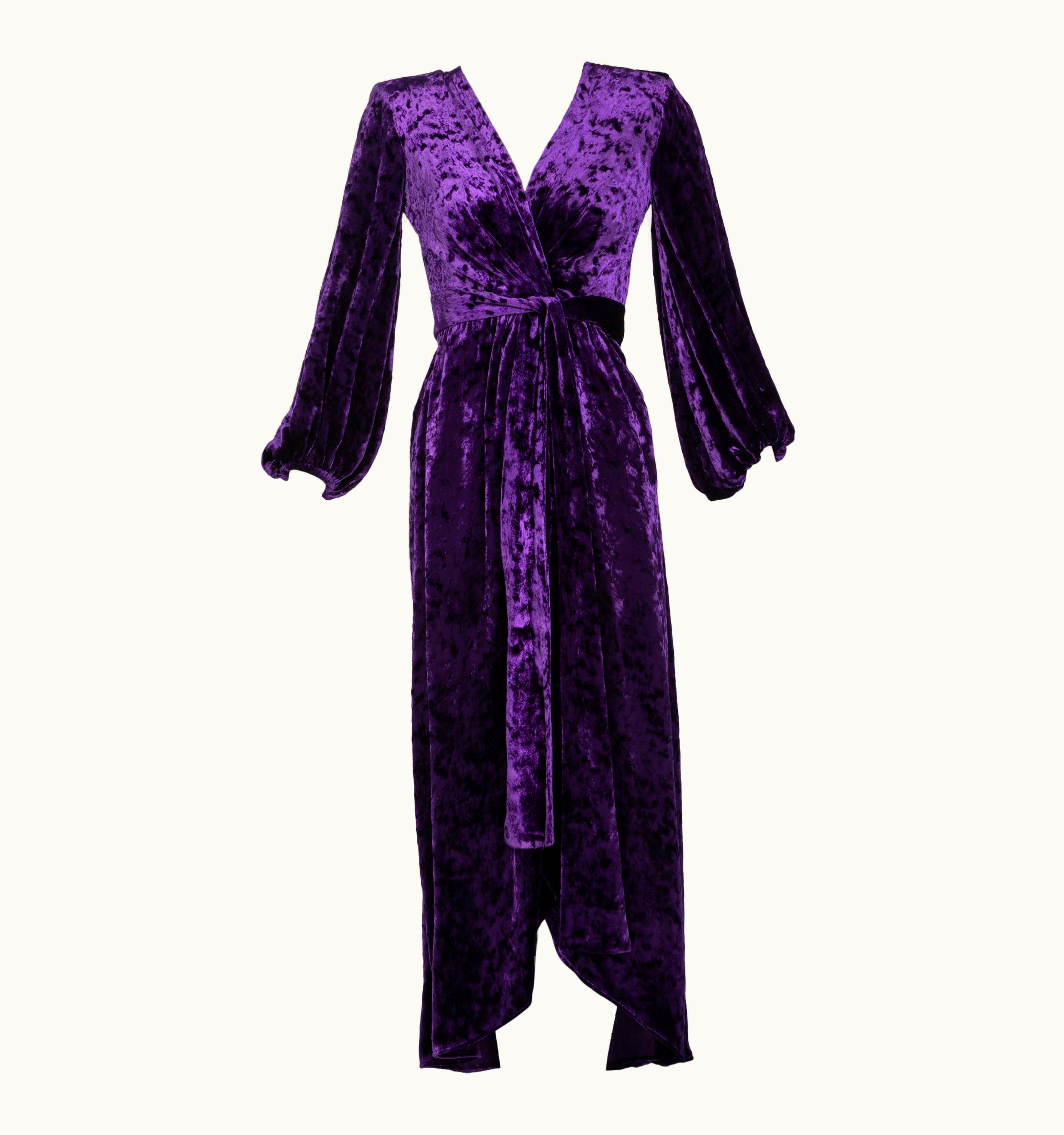 Saint Laurent Saint Laurent Purple Crushed Velvet Plunge Wrap Dress YSL Runway 1985 UZ0583836