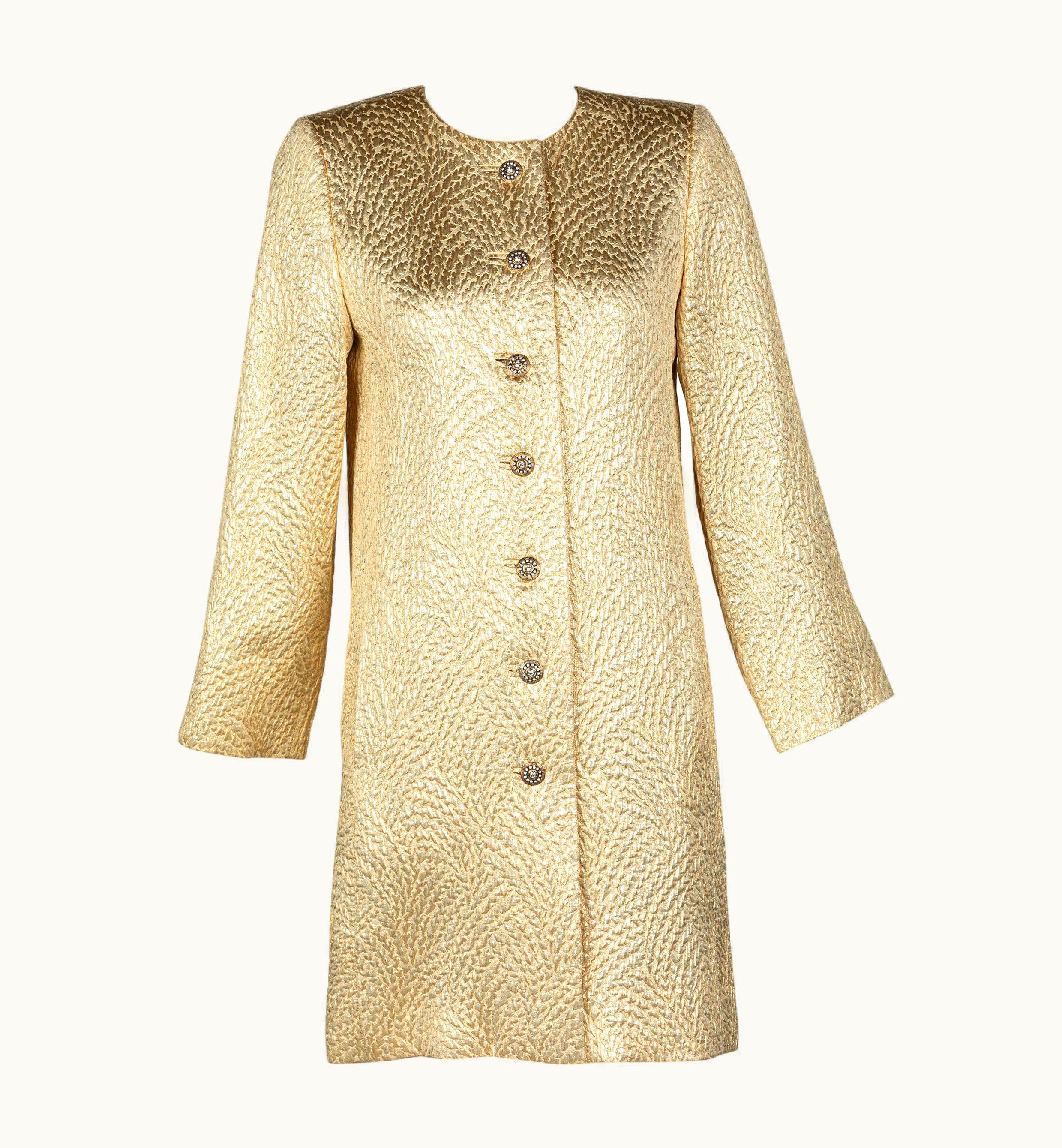 Saint Laurent Yves Saint Laurent Gold Evening Coat WS/S Jeweled Buttons YSL, 1990s