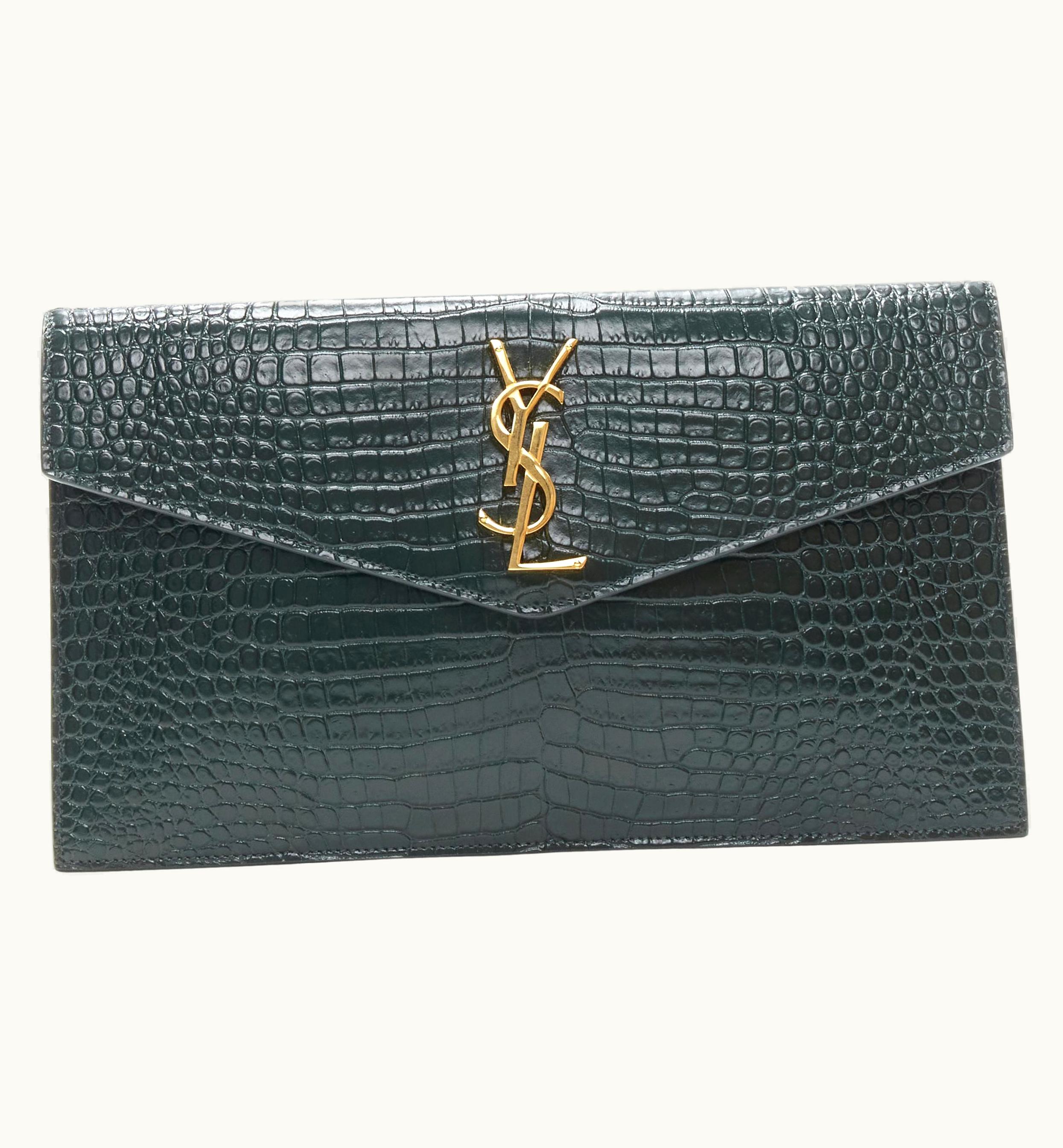 Saint Laurent Saint Laurent Uptown Green Croc Embossed Gold YSL Logo Envelope Clutch Bag