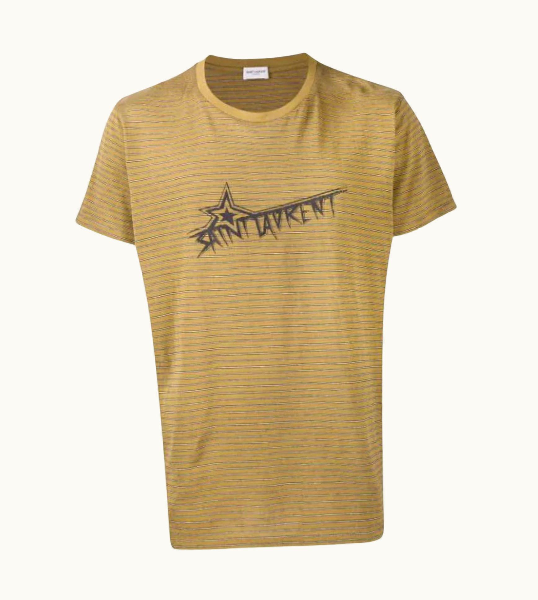 Saint Laurent Saint Laurent Mens Khaki Green Striped Logo Print T-Shirt edium