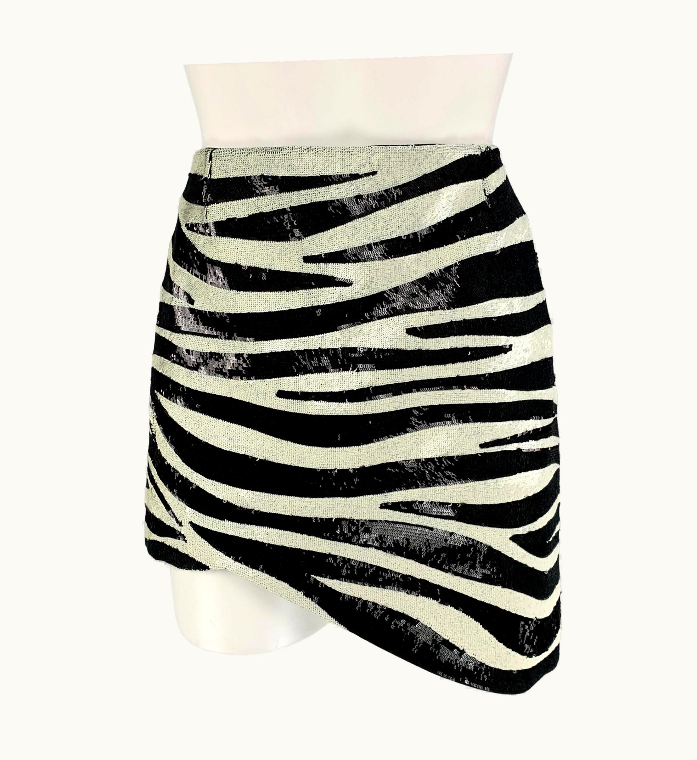 Saint Laurent Saint Laurent Black Cream Zebra Print Acetate Viscose Sequined Mini Skirt