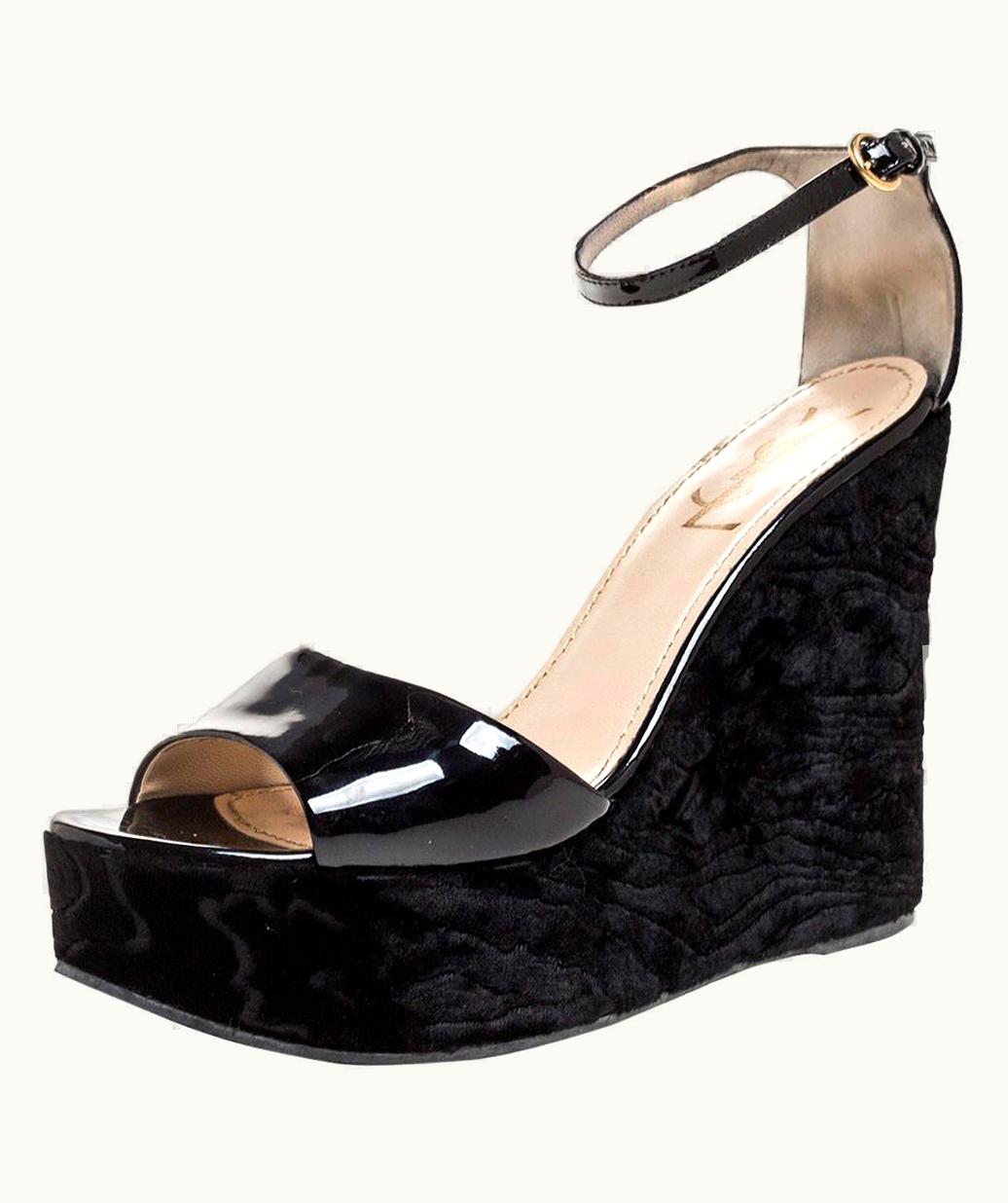 Saint Laurent Saint Laurent Paris Black Patent And Embossed Velvet Wedge Platform Sandals