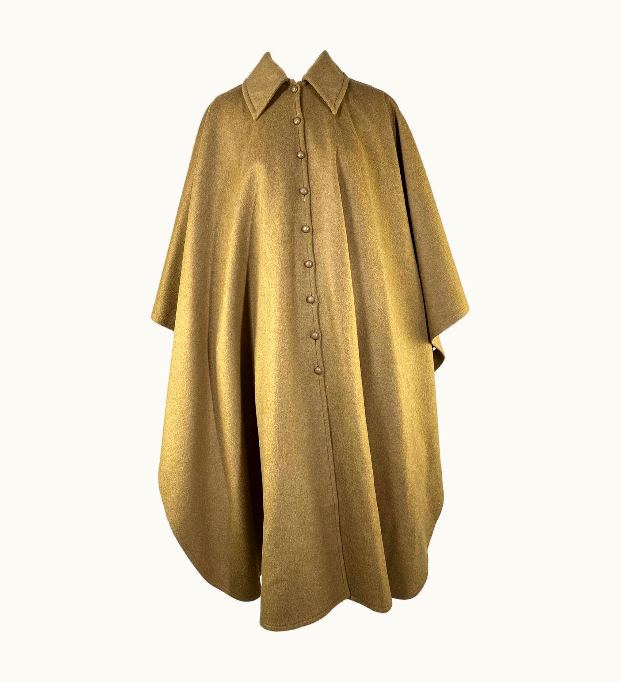 Saint Laurent Early 1970s Saint Laurent Rive Gauche Camel Wool Button Up Collared Cloak Poncho