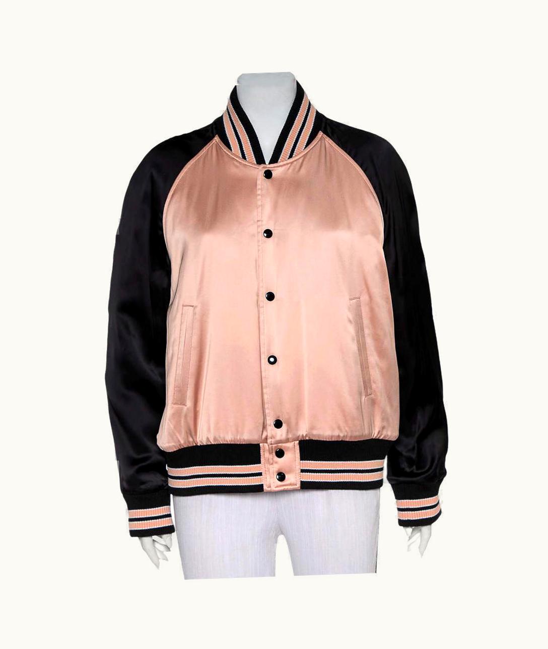 Saint Laurent Saint Laurent Paris Black & Pink Satin Button Front Bomber Jacket