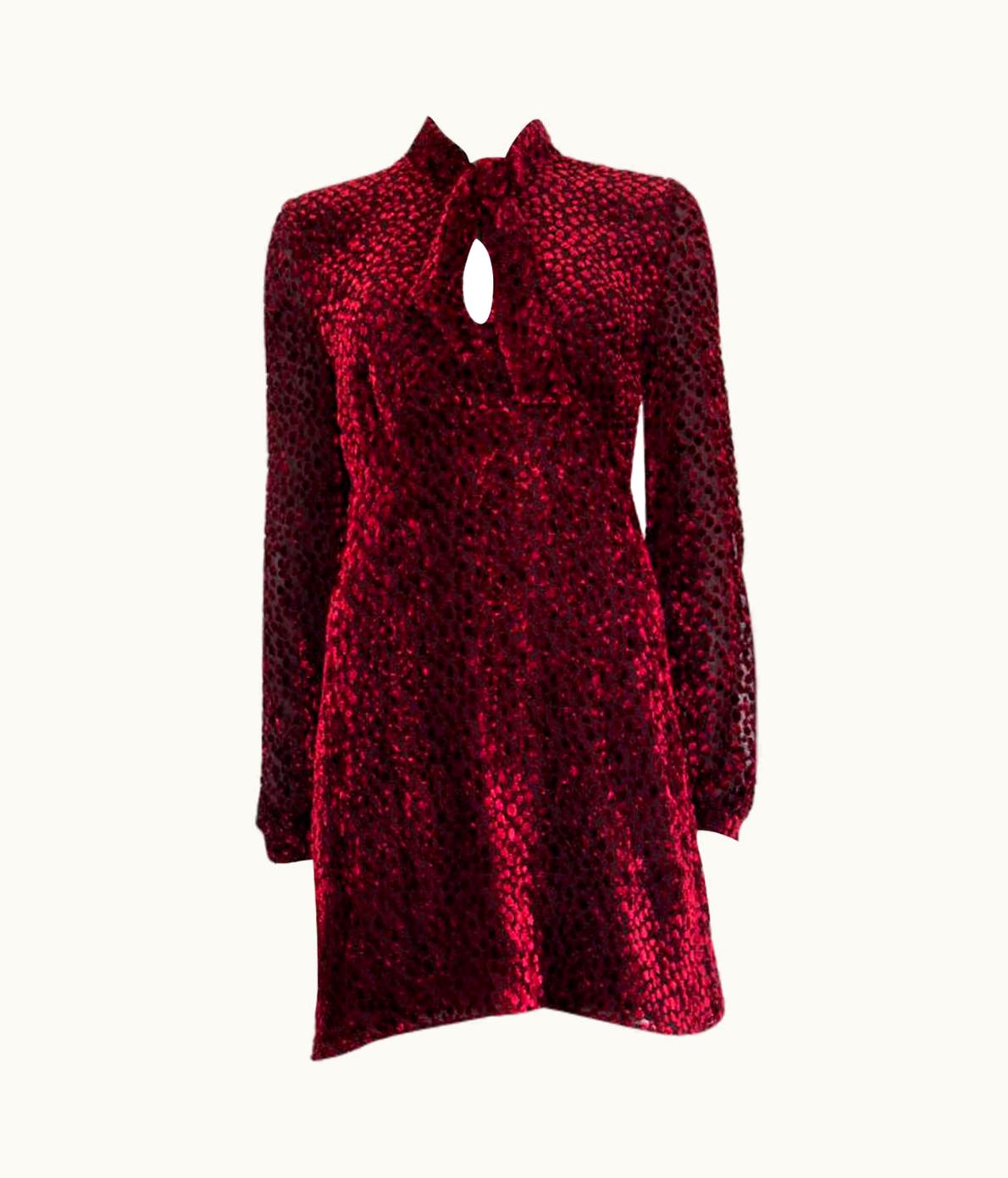 Saint Laurent Saint Laurent Burgundy Silk Pussy Bow Devore Chiffon Mini Dress