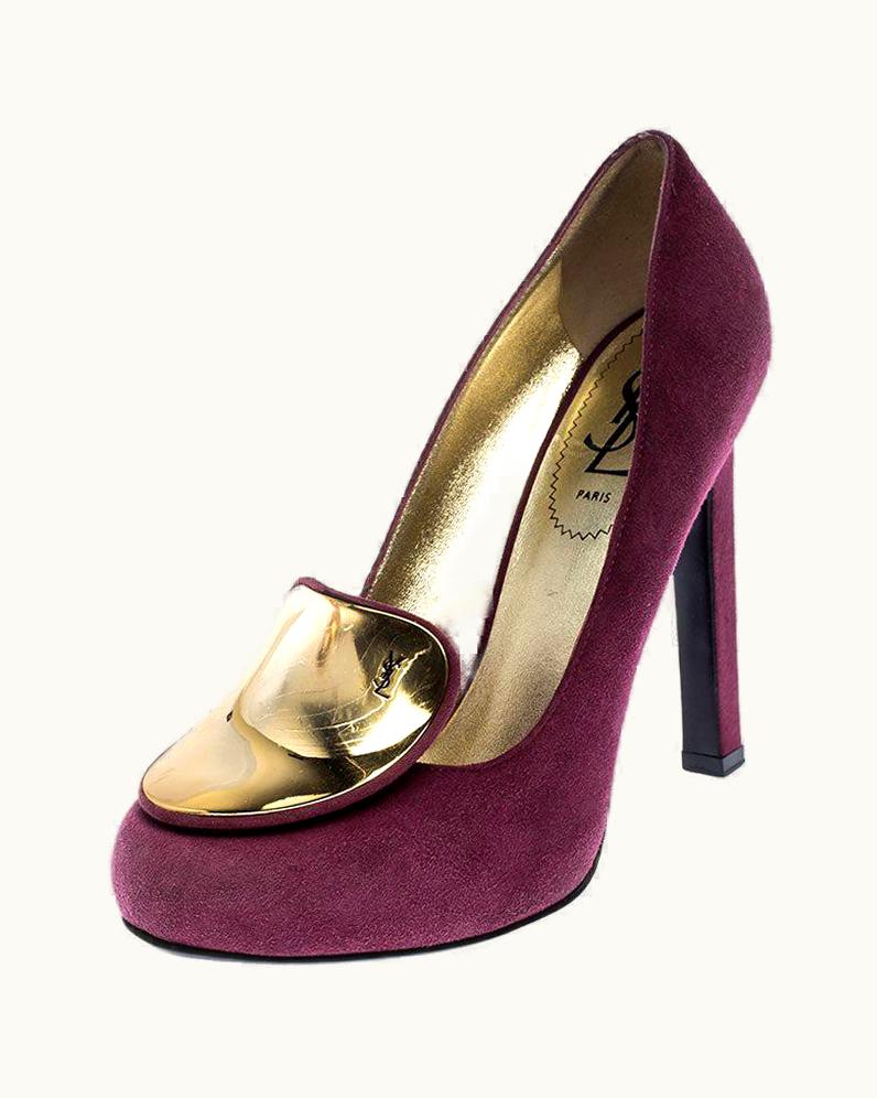 Saint Laurent Saint Laurent Paris Burgundy Suede Plaque Embellished Round Toe Pumps