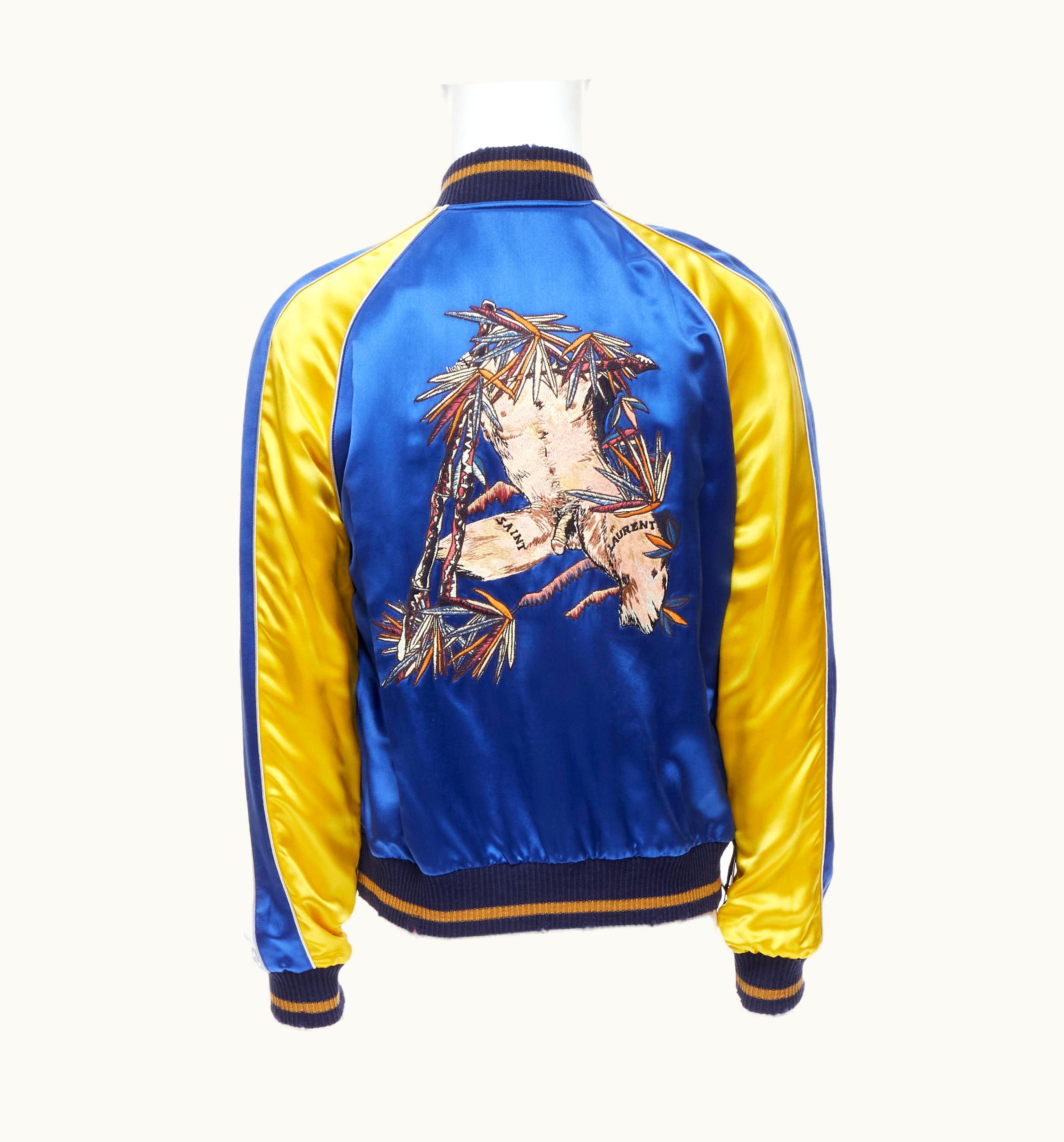 Saint Laurent Saint Laurent 2018 Reversible Yellow Blue Satin Bird Embroidery Bomber
