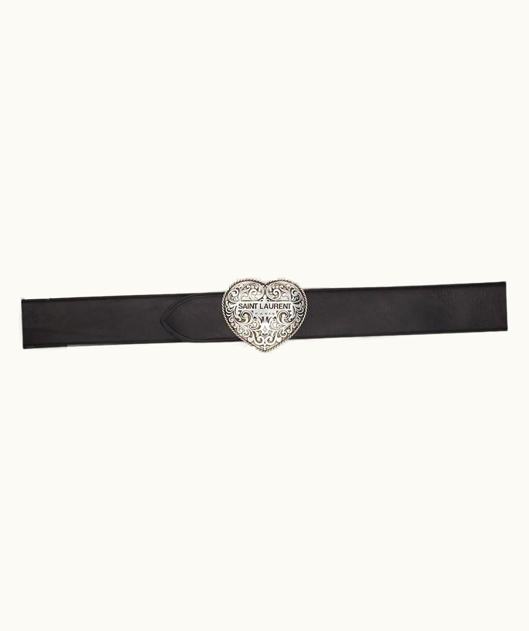 Saint Laurent Saint Laurent Western Silver-Tone Heart Shaped Buckle Black Leather Belt UZ0583920