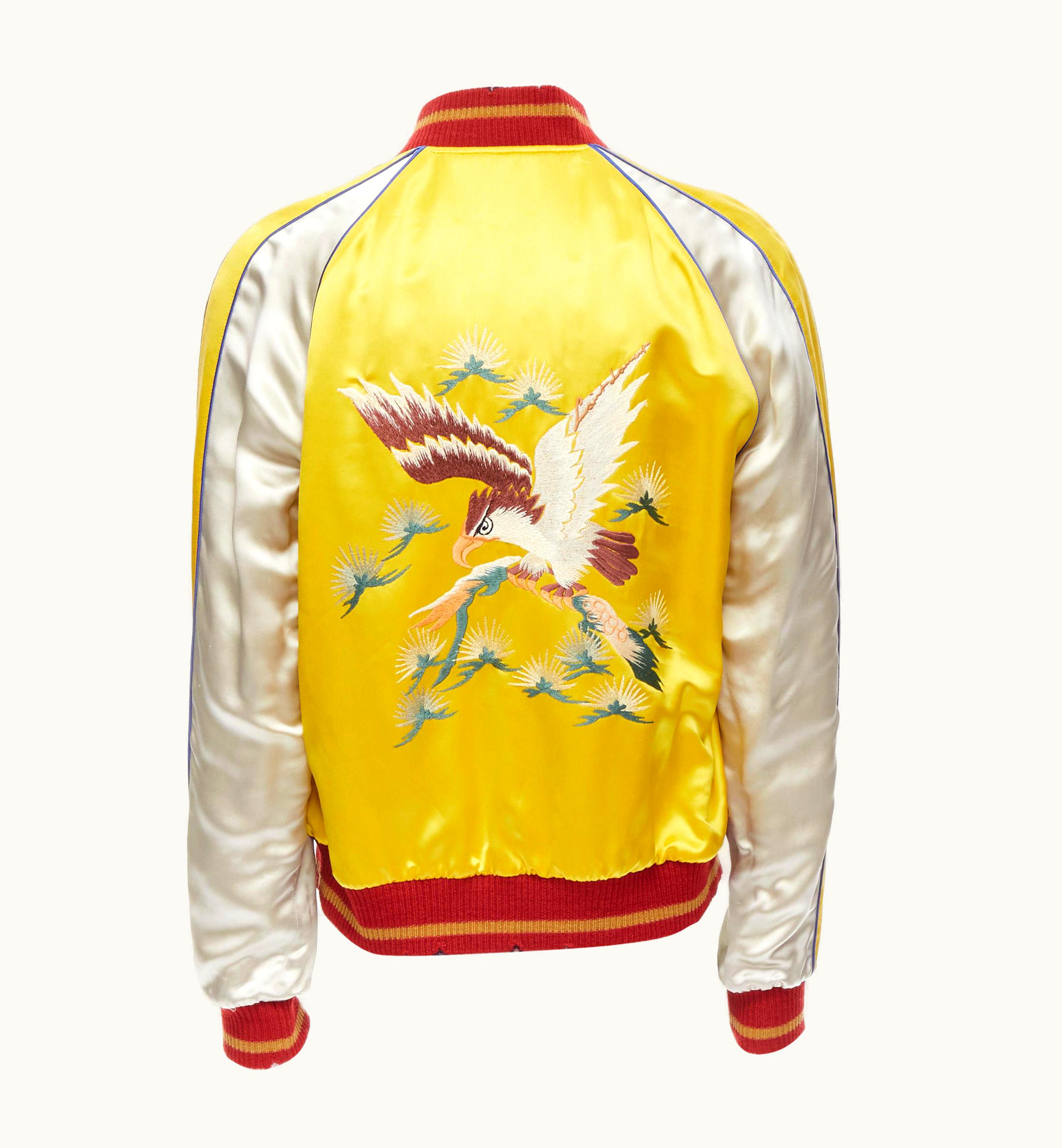 Saint Laurent Saint Laurent 2018 Reversible Yellow Satin Bird Nude Embroidery Bomber