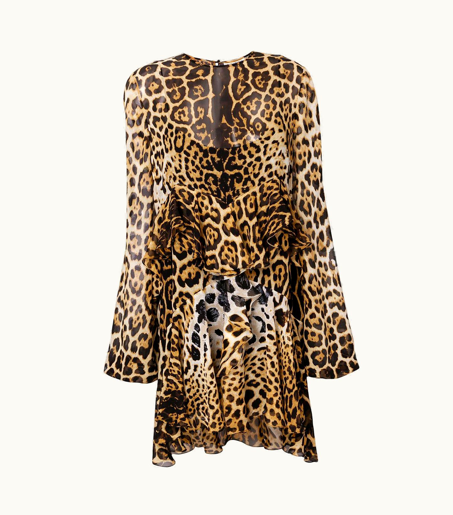Saint Laurent Saint Laurent Ruffles Leopard Print Silk Chiffon Long Sleeve Dress