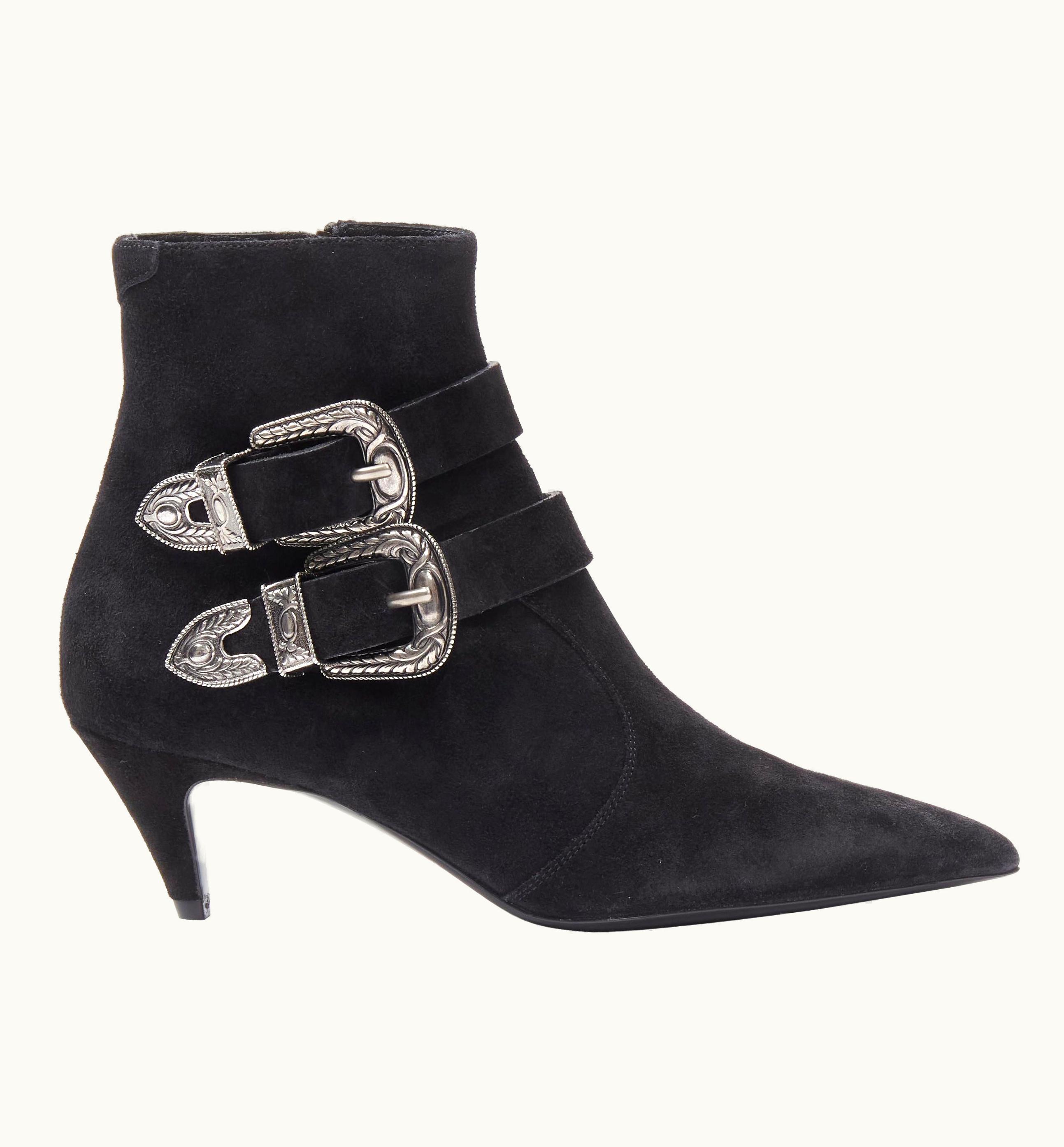 Saint Laurent Saint Laurent Charlotte 55 Black Suede Silver Western Buckle Ankle Boot