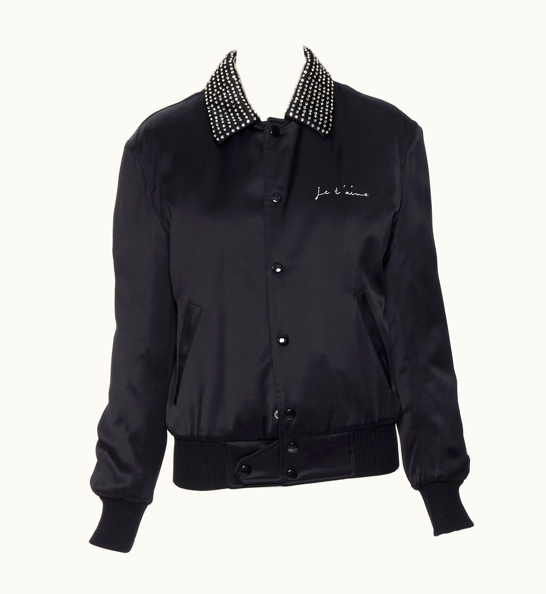 Saint Laurent Saint Laurent Je T'aime Teddy Black Satin Crystal Collar Bomber Jacket