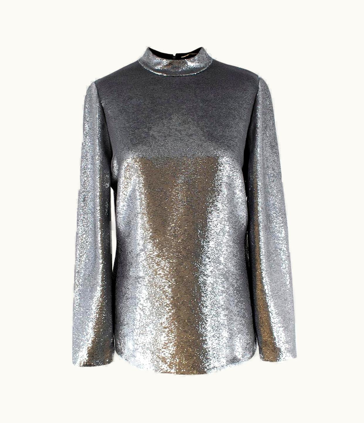 Saint Laurent Saint Laurent Silver Sequin Raised Neck Top