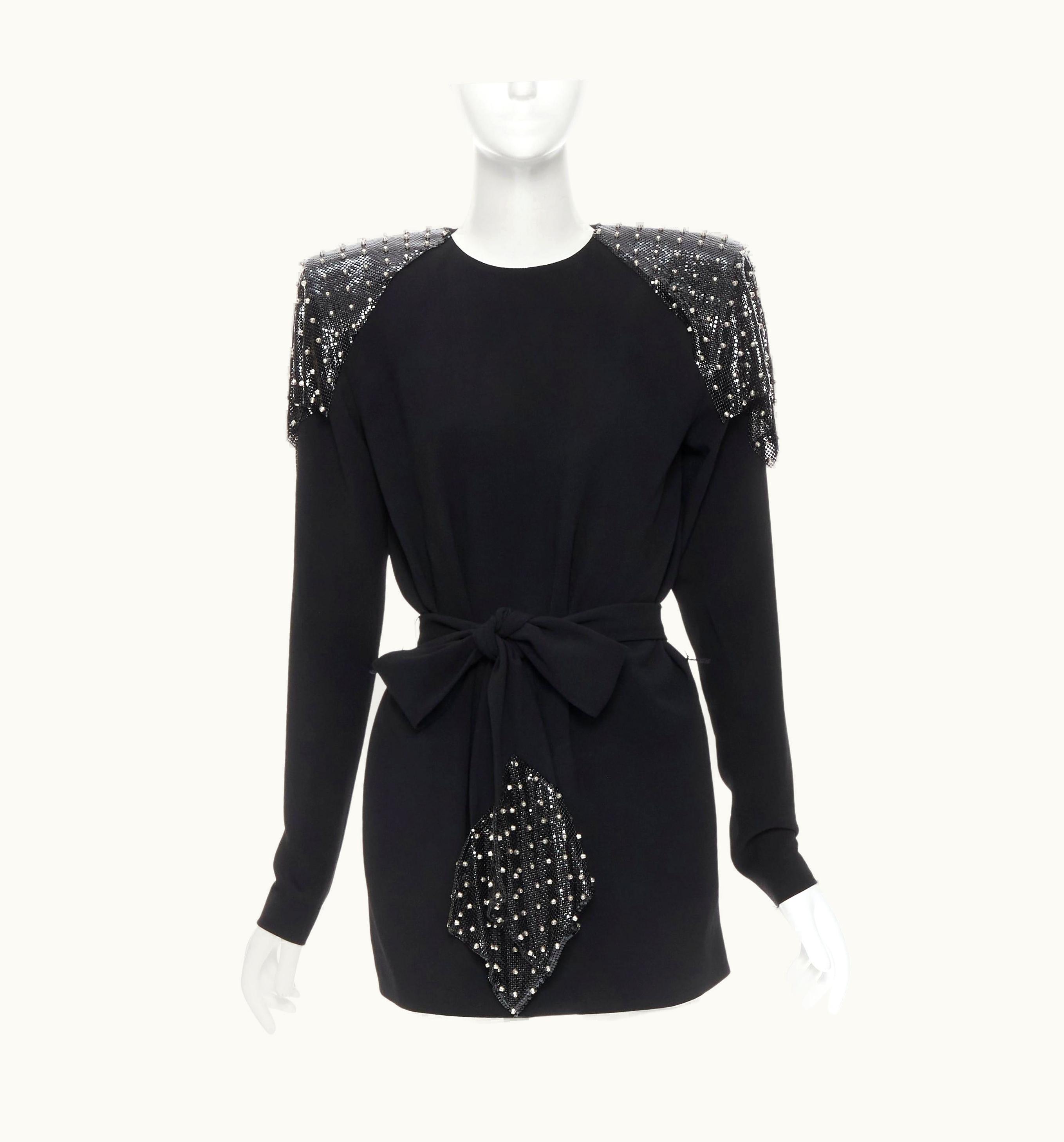 Saint Laurent Saint Laurent 2018 Runway Black Chainmail Stud Tie Belt Mini Dress