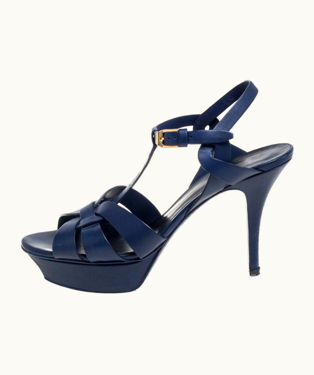 Saint Laurent Saint Laurent Blue Leather Tribute Platform Ankle Strap Sandals