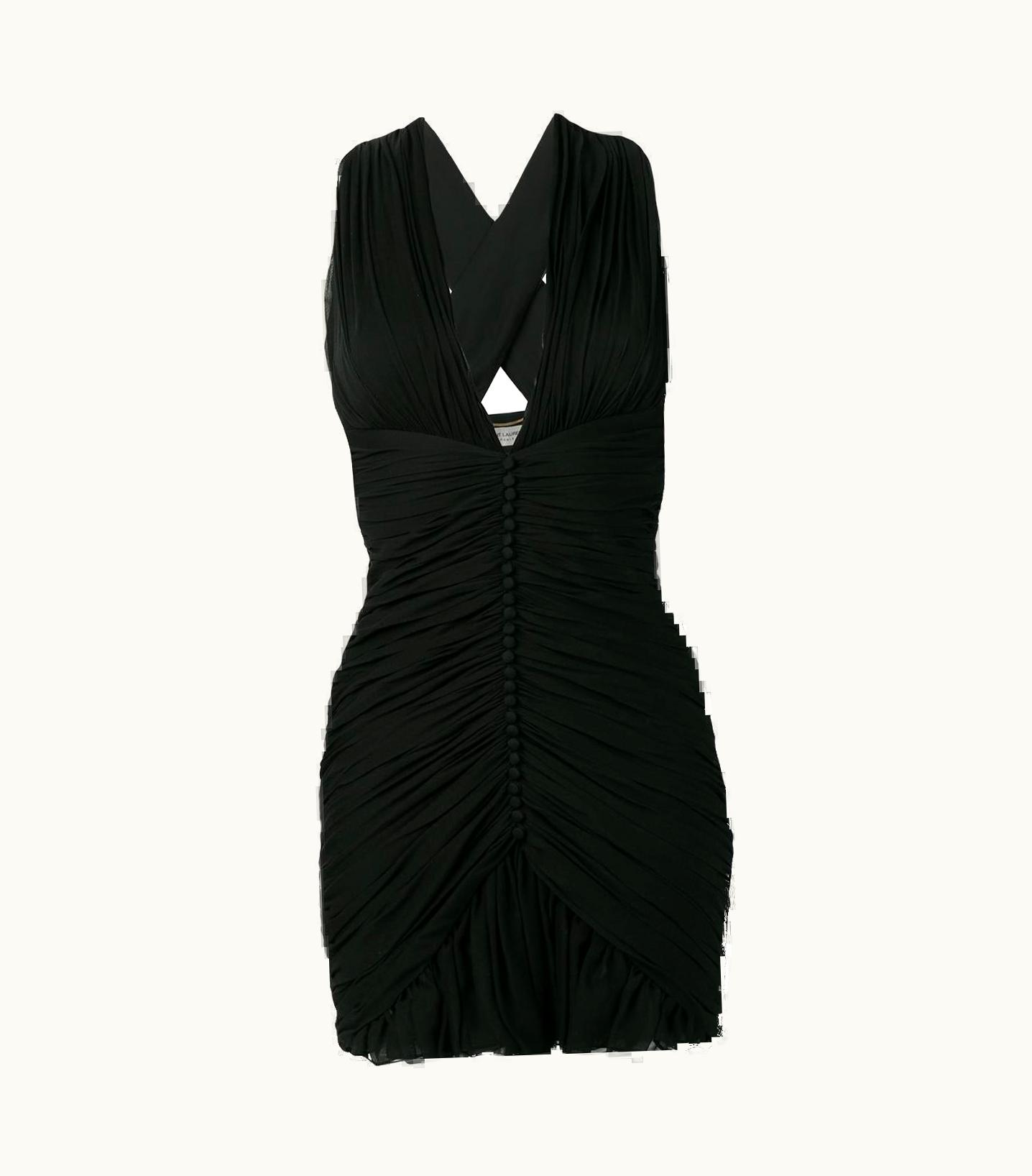 Saint Laurent Saint Laurent S/S Runway Black Ruched Plunging Fitted Silk Mini Dress