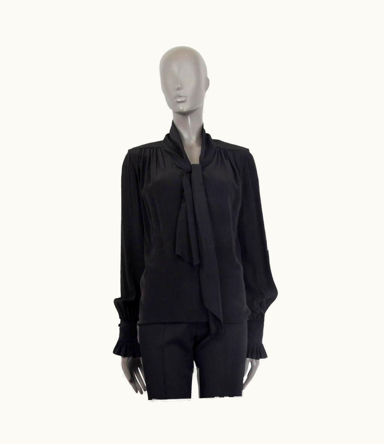 Saint Laurent Saint Laurent Black Silk Padded Shoulder Pussy Bow Blouse Shirt 34 Xxs