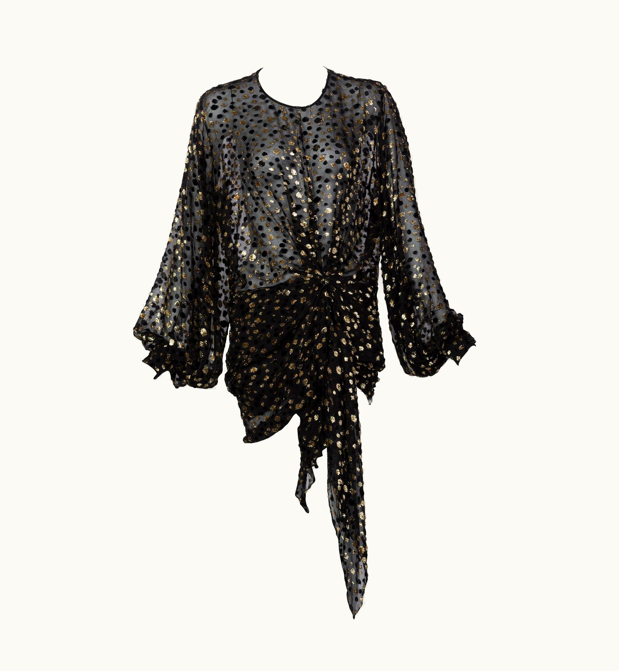 Saint Laurent Saint Laurent Sheer Black Silk Gold Lurex Dot Cut Out Back Tunic Mini Dress UZ0584019