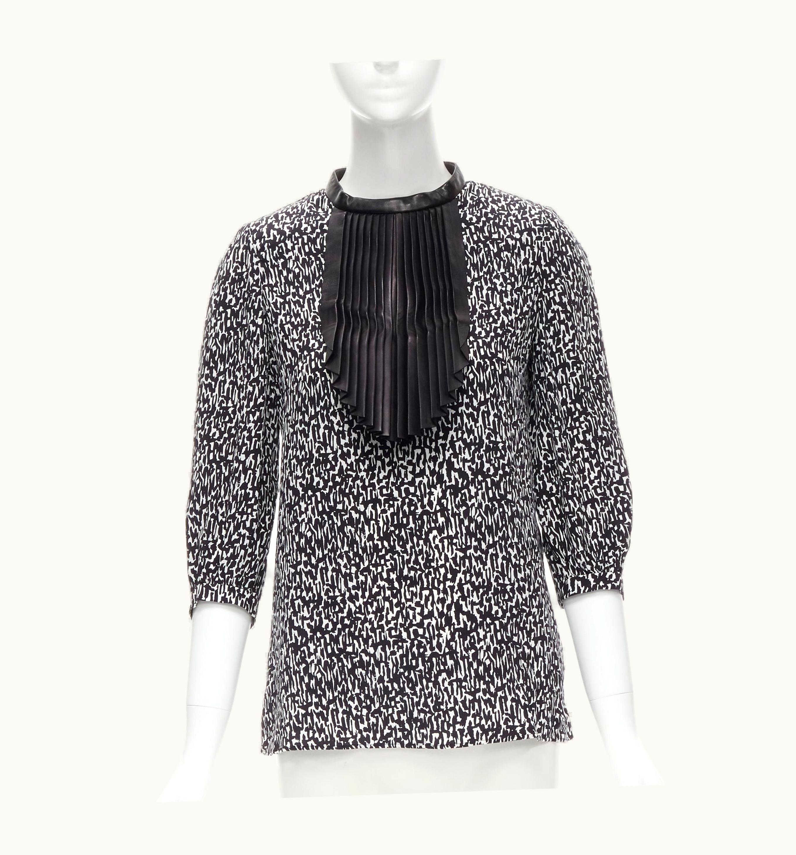 Saint Laurent Saint Laurent Hedi Slimane 2012 Black Pleated Leather Bib White Print Silk