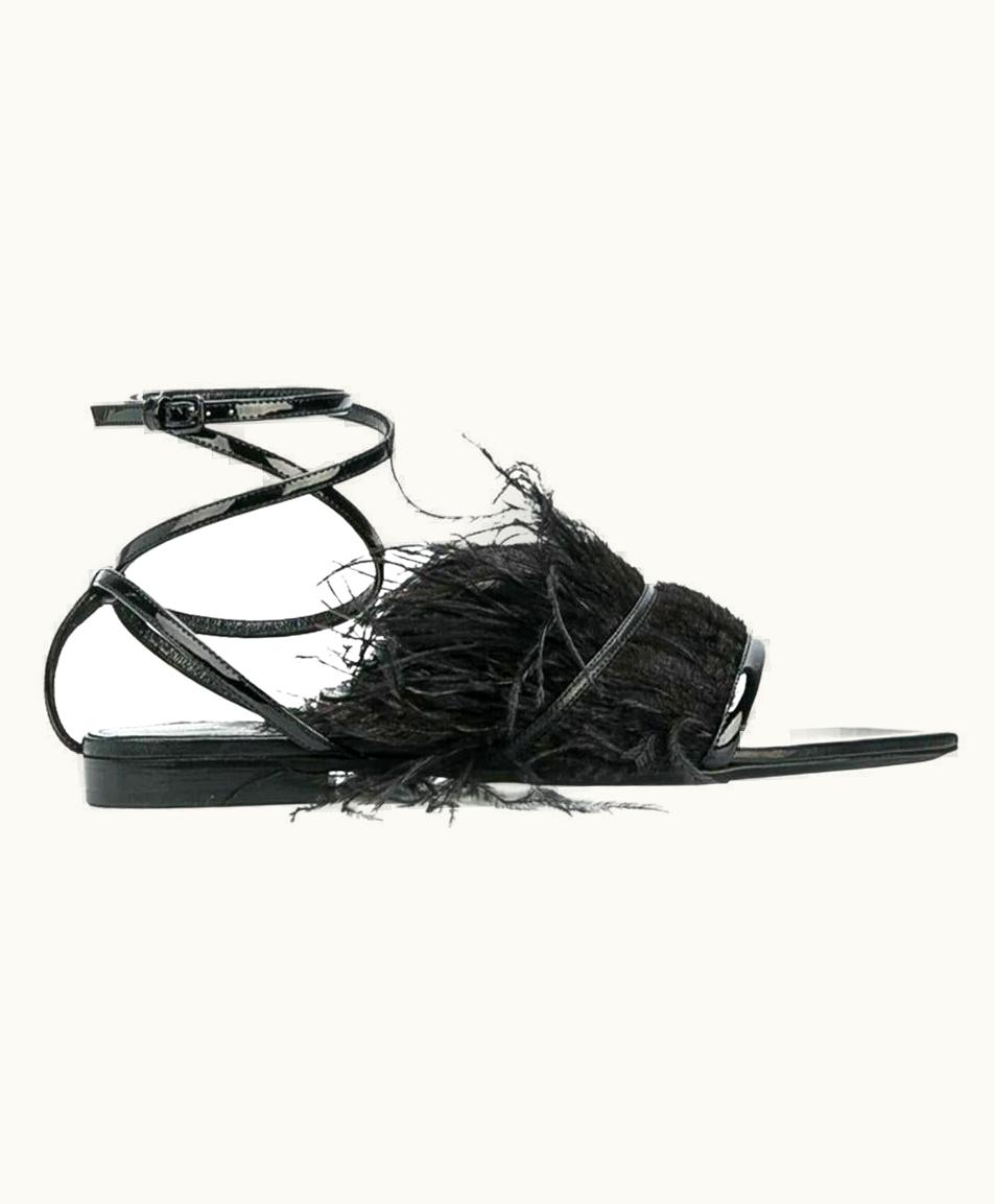 Saint Laurent Saint Laurent Era 105 Black Feather Wrap Around Ankle Strap Flat Sandal UZ0584025