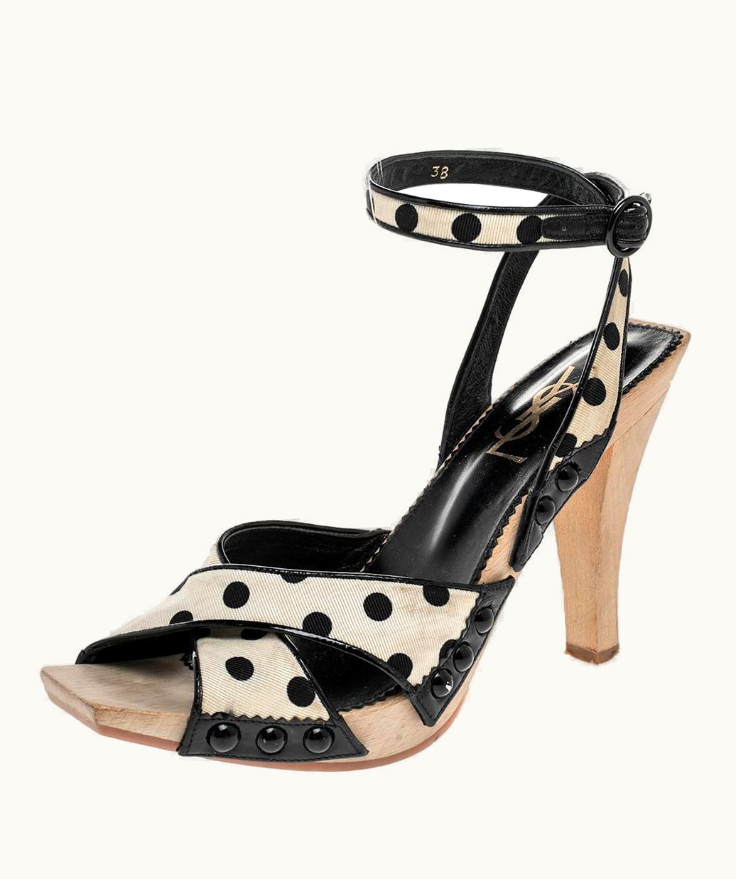 Saint Laurent Saint Laurent Polka Dot Fabric And Patent Leather Slingback Sandals