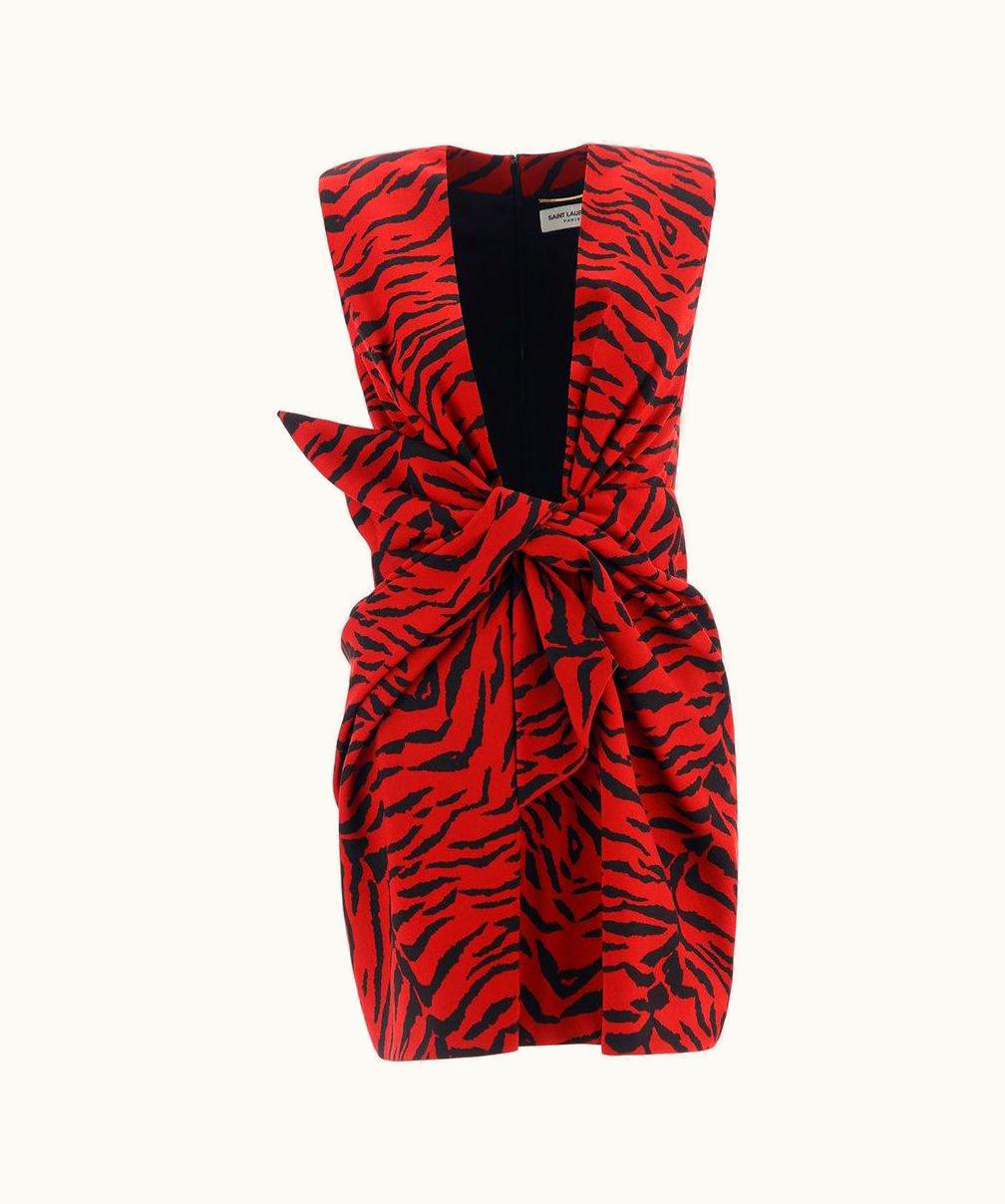 Saint Laurent Saint Laurent Red & Black Zebra Print Tie Front Mini Dress UZ0584042