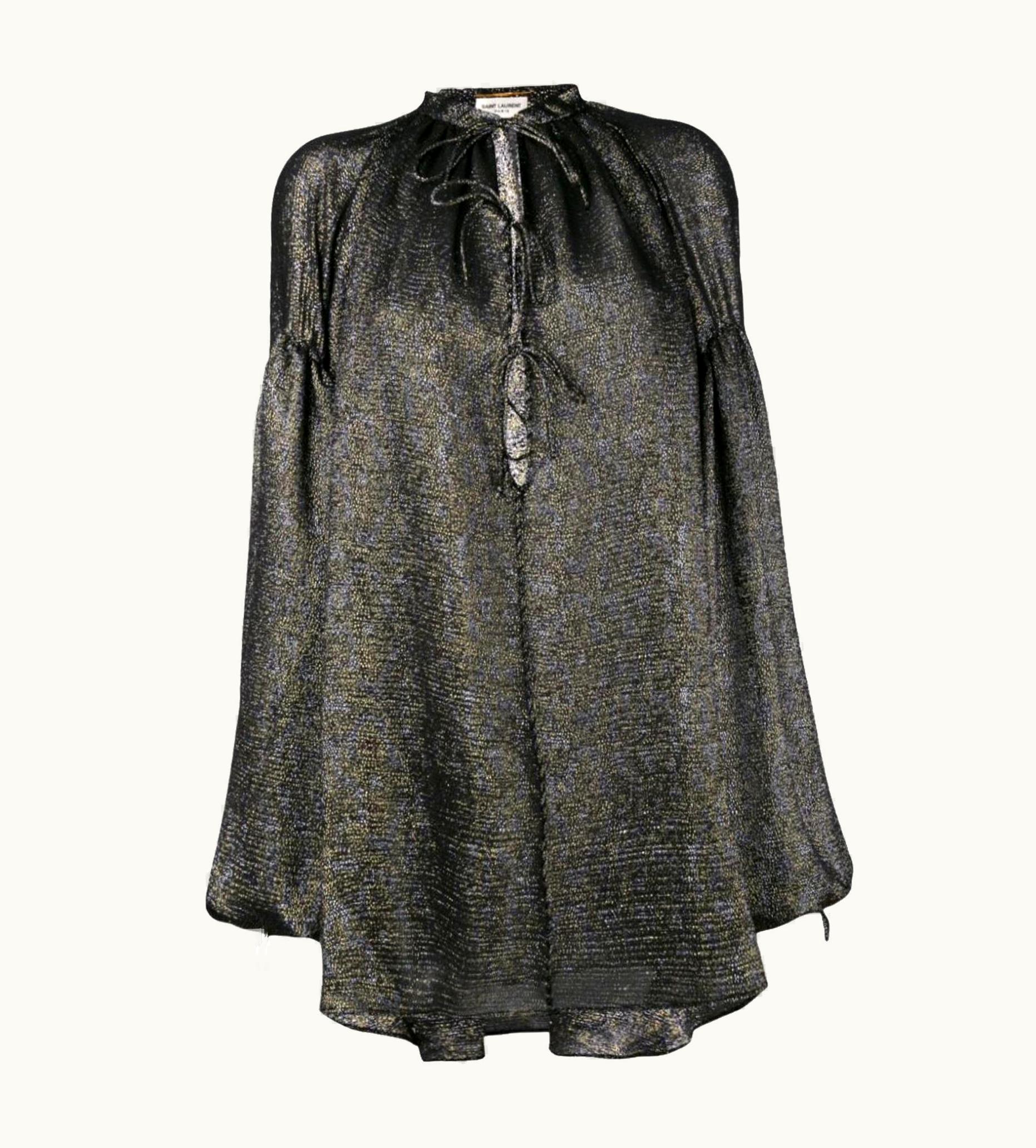 Saint Laurent Saint Laurent Black And Gold Lamé Oversized Poet Silk-Blend Blouse Top UZ0584043