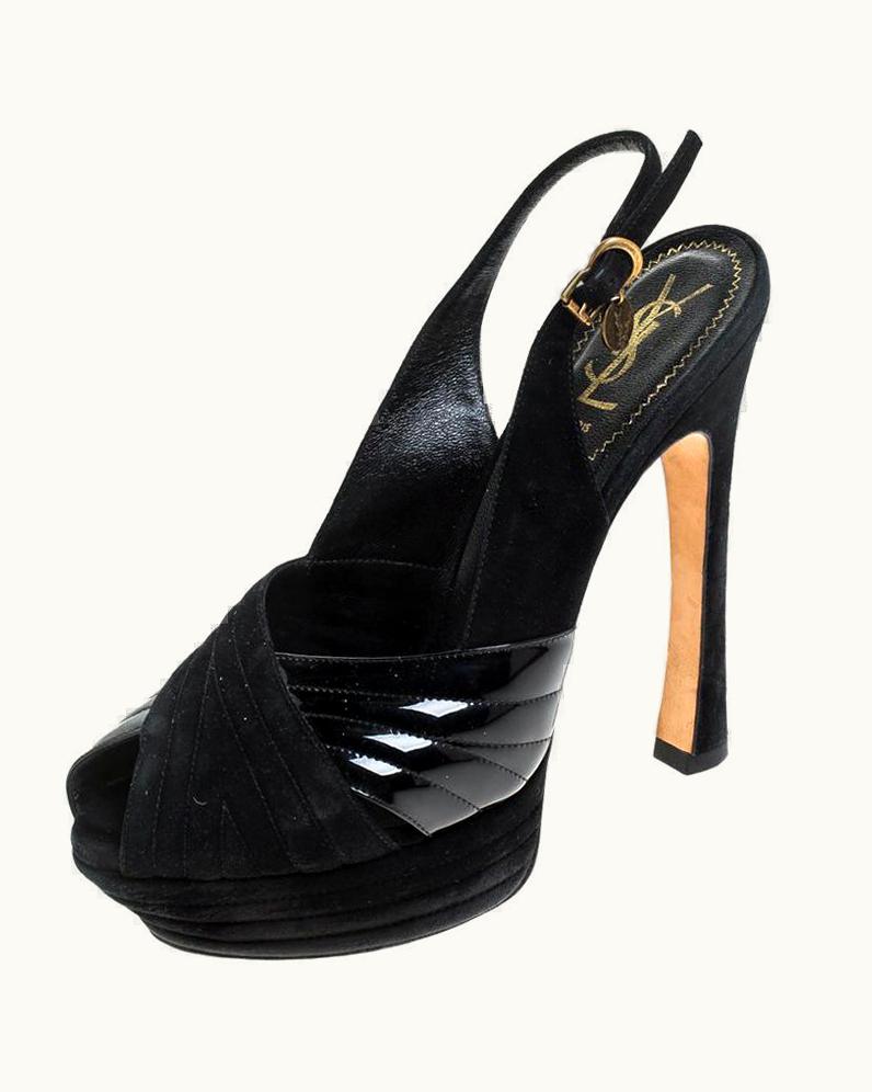 Saint Laurent Saint Laurent Paris Black Suede And Patent Leather Slingback Sandals