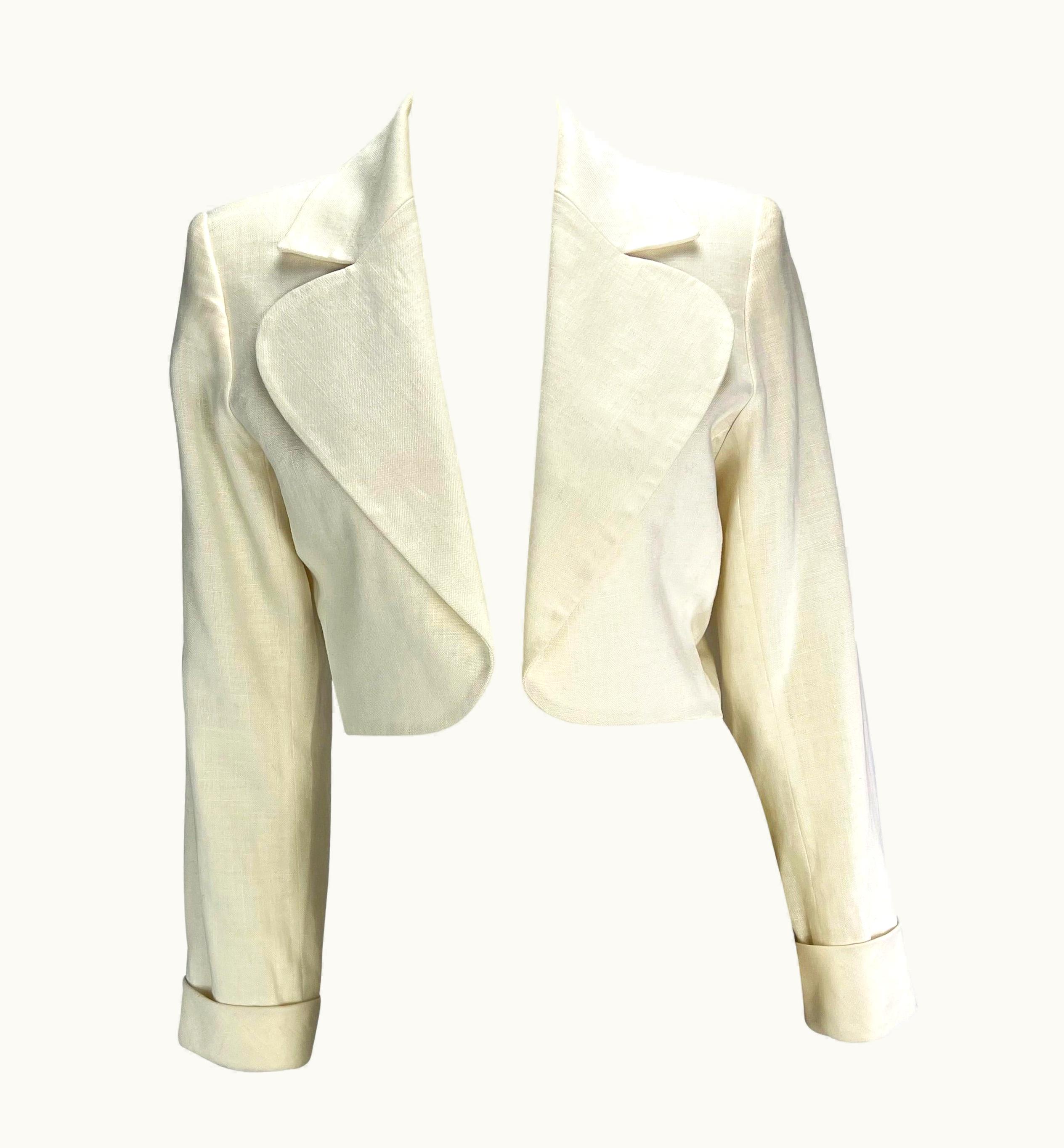 Saint Laurent S/S 1986 Saint Laurent Rive Gauche Cropped White Linen Flax Open Blazer