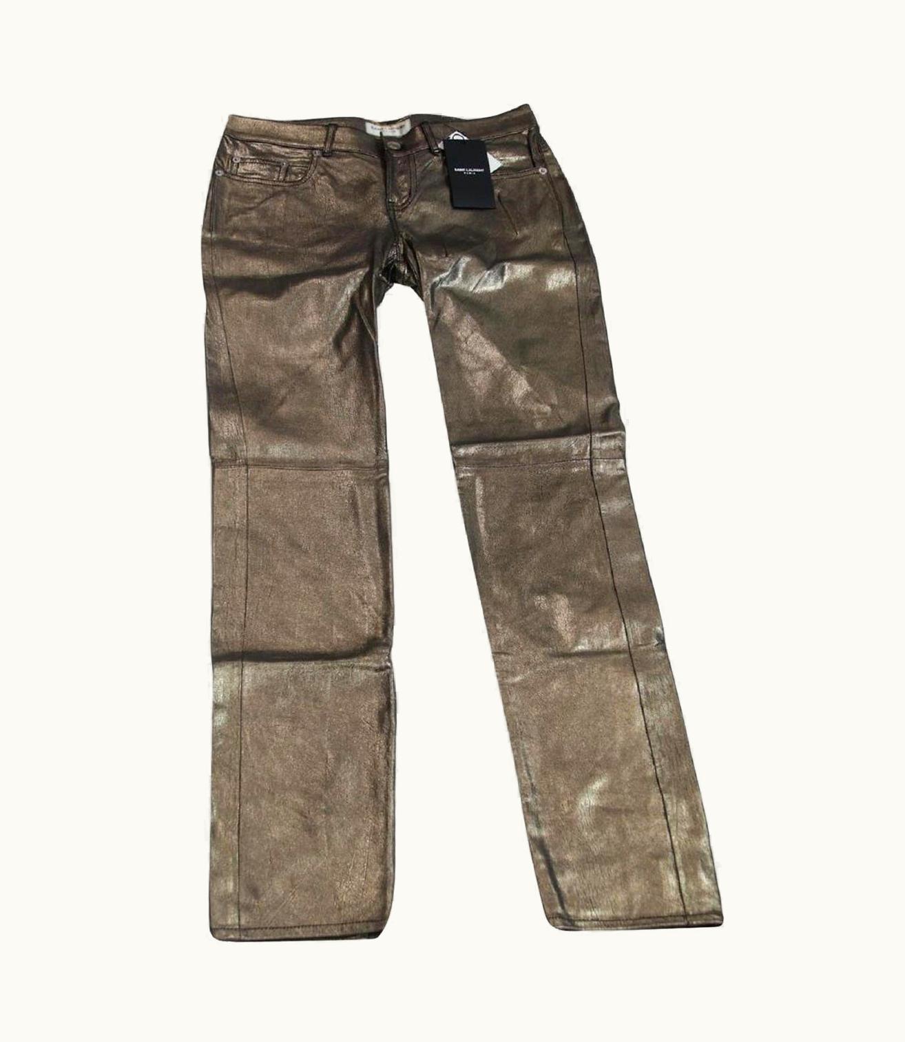 Saint Laurent Saint Laurent Coated Metallic Lambskin Leather Mid Rise Skinny Jeans