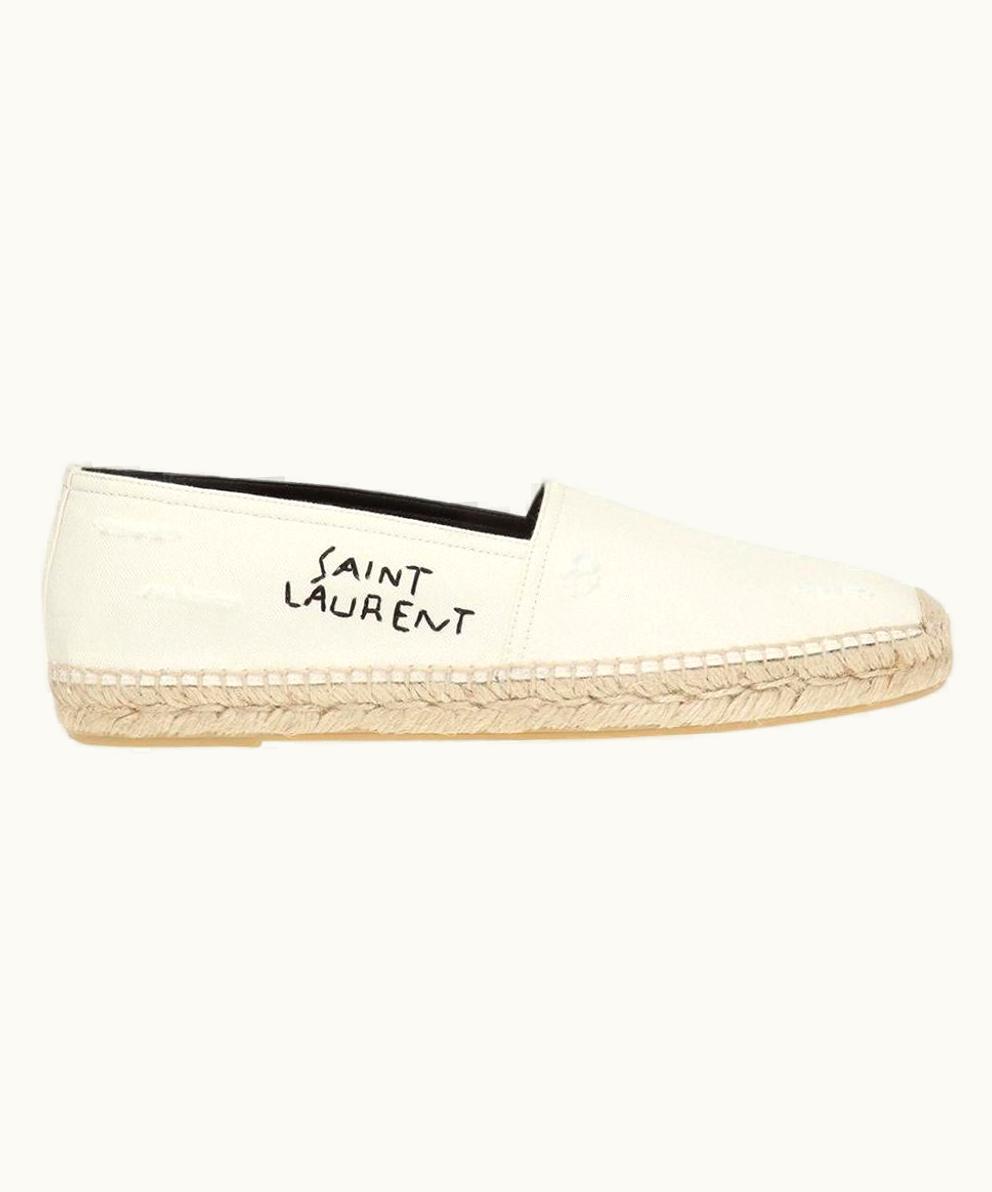 Saint Laurent Saint Laurent Distressed Canvas Logo Embroidered Espadrilles Ivory