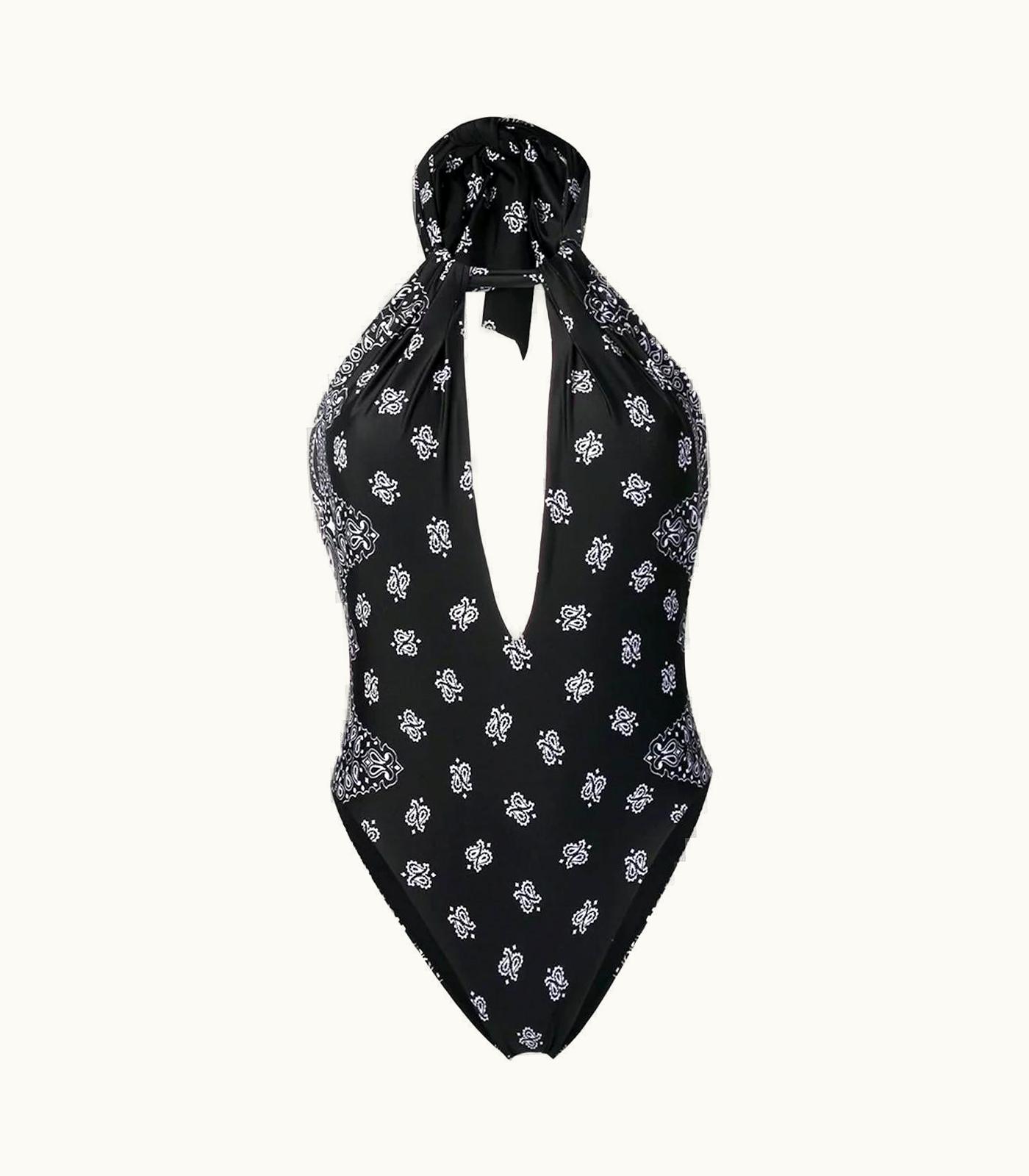 Saint Laurent Saint Laurent Black & White Bandana Print Plunging One Piece Swimsuit Bikini